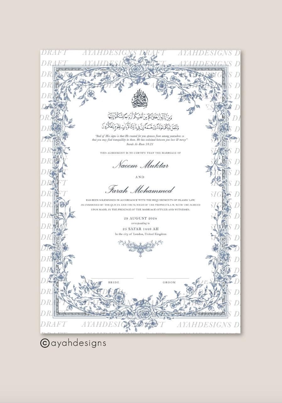 A4 nikkah certificate 11x17, modern nikkah designs, nikkah certificate with fingerprint, nikkah certificate thumbprint, custom nikah template, boxed nikkah, nikkah name in frame, nikkah name and frame, nikkah pen names, Islamic marriage contract