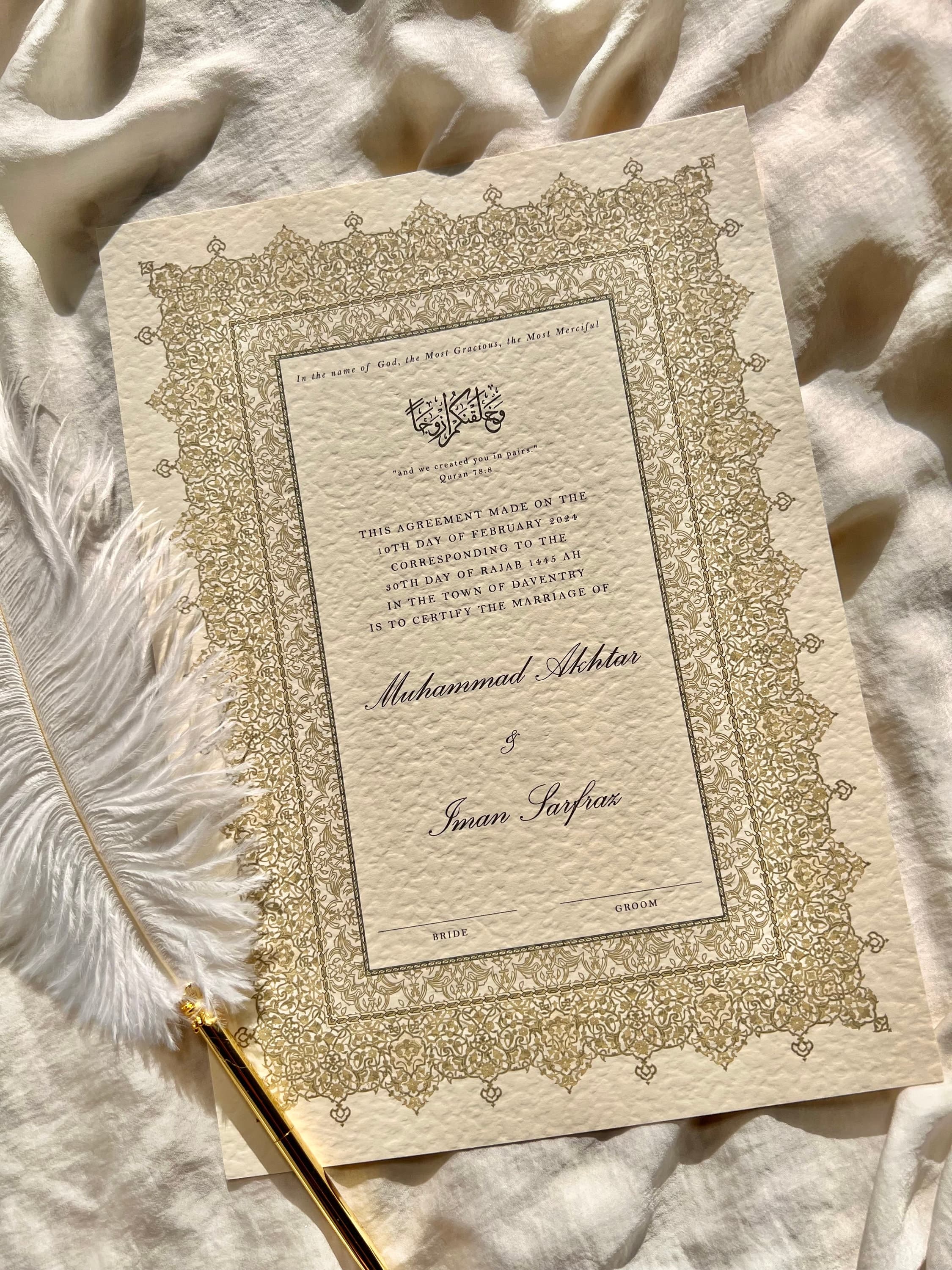 Luxury A3 Gold Nikkah Certificate: Personalised Islamic Wedding Contract