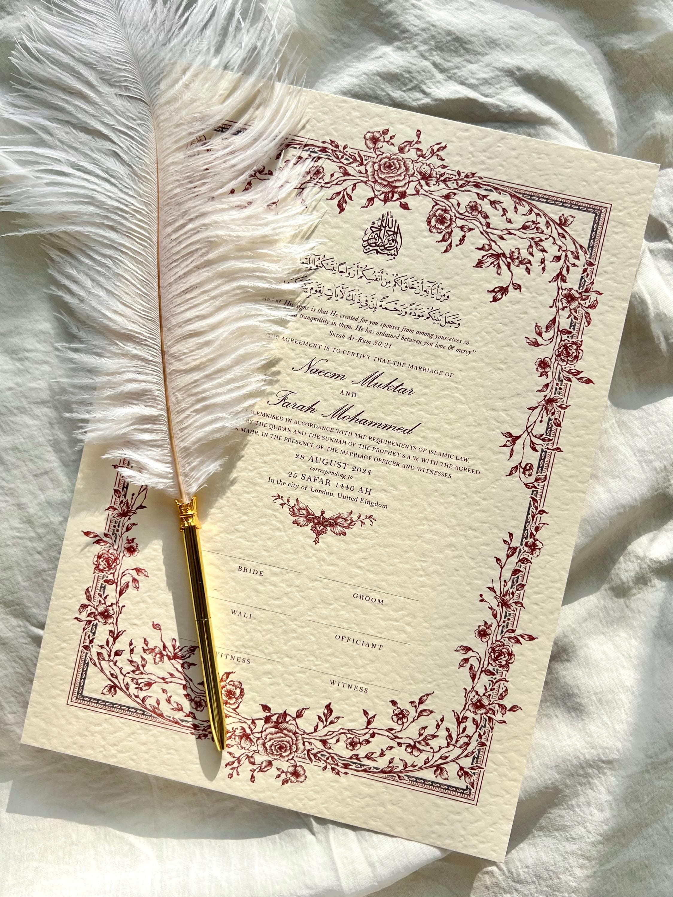 Floral Nikkah Certificate: Maroon Islamic Wedding Contract (A4)
