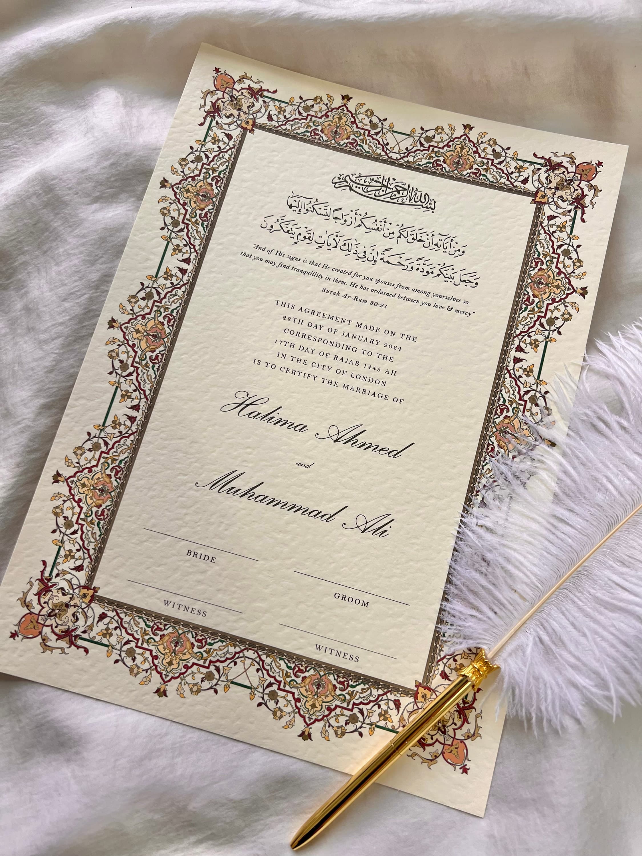 A4 Luxury Nikkah Certificate, Premium Islamic Wedding Contract, Nikkah Nama, Muslim Marriage Certificate, Personalised Names, Quran Verse