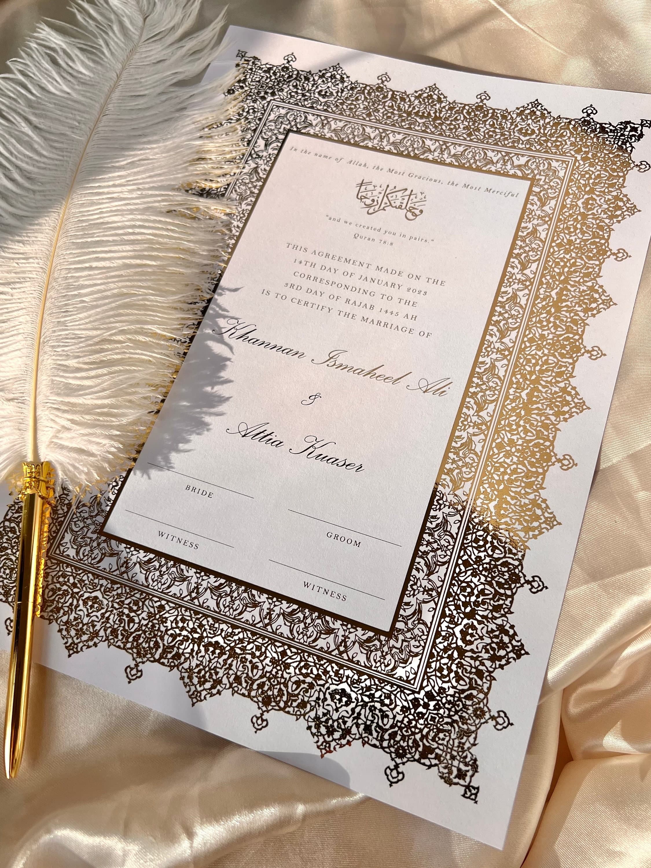 Foiled Nikkah Certificate: Personalised Islamic Wedding Contract, A3 Size