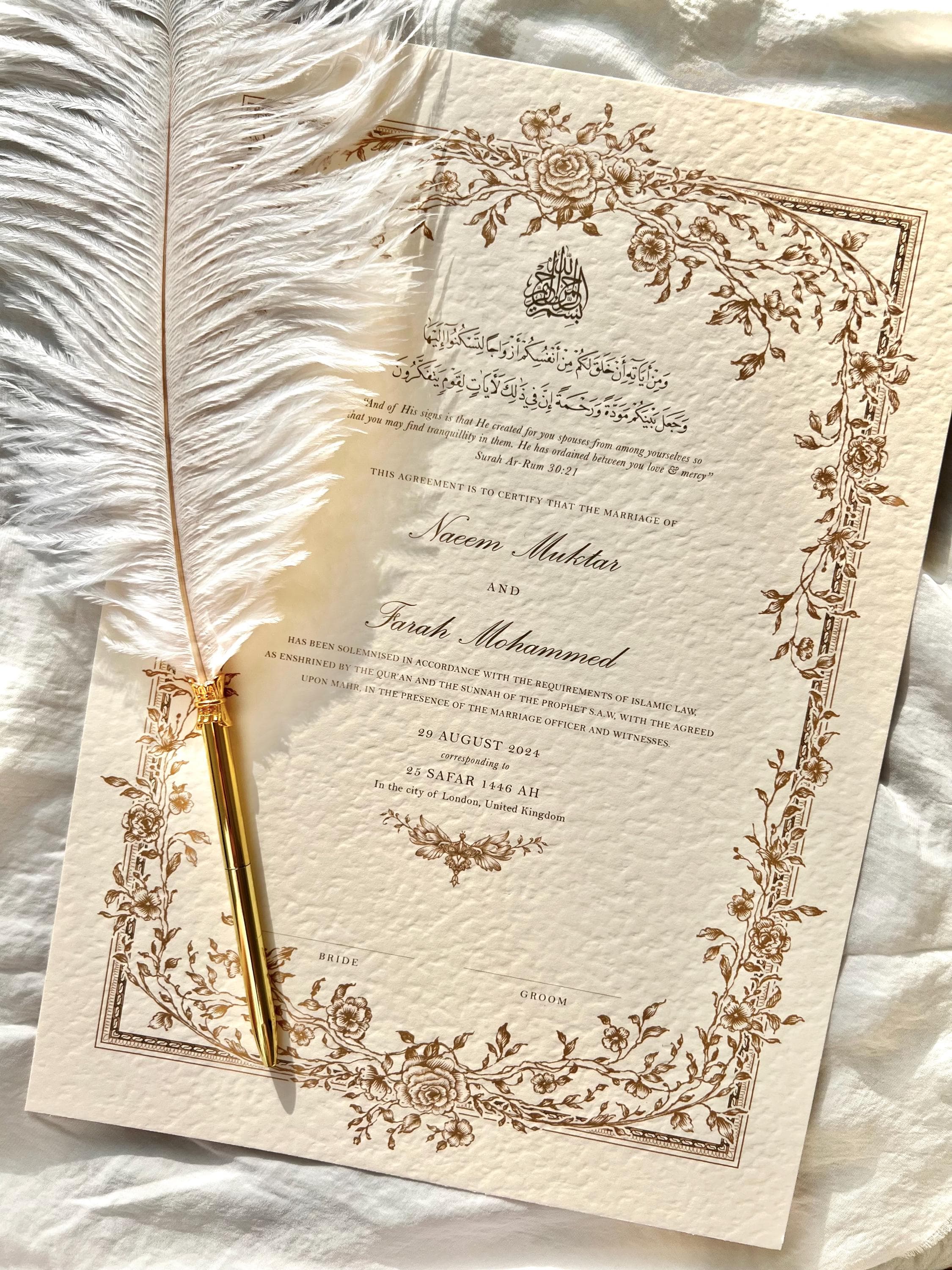 Floral Gold Nikkah Certificate: Islamic Wedding Contract (A3)