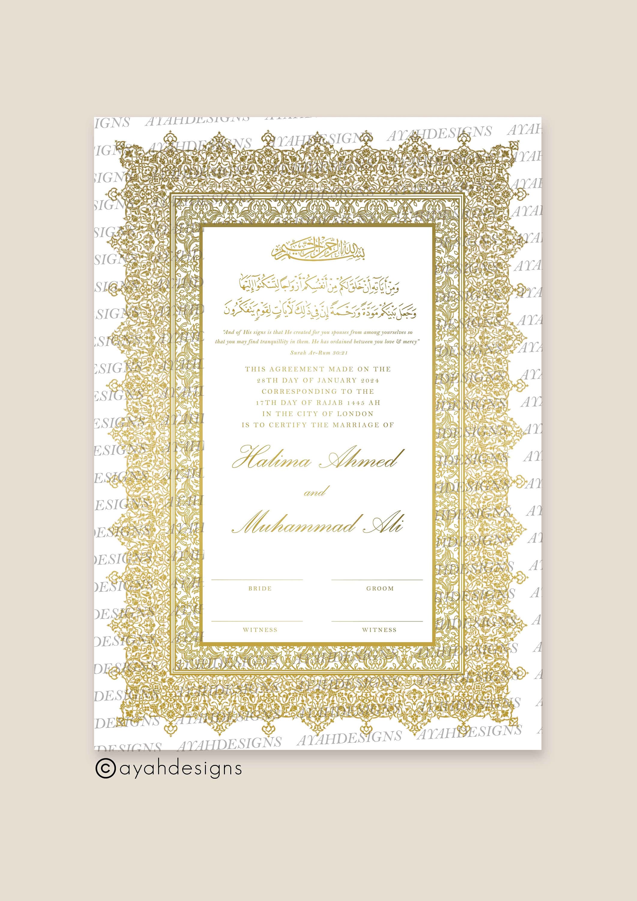Luxury Nikkah Certificate, Premium A4 Islamic Wedding Contract, Nikkah Nama, Muslim Marriage Certificate, Personalised Names, Quran Verse