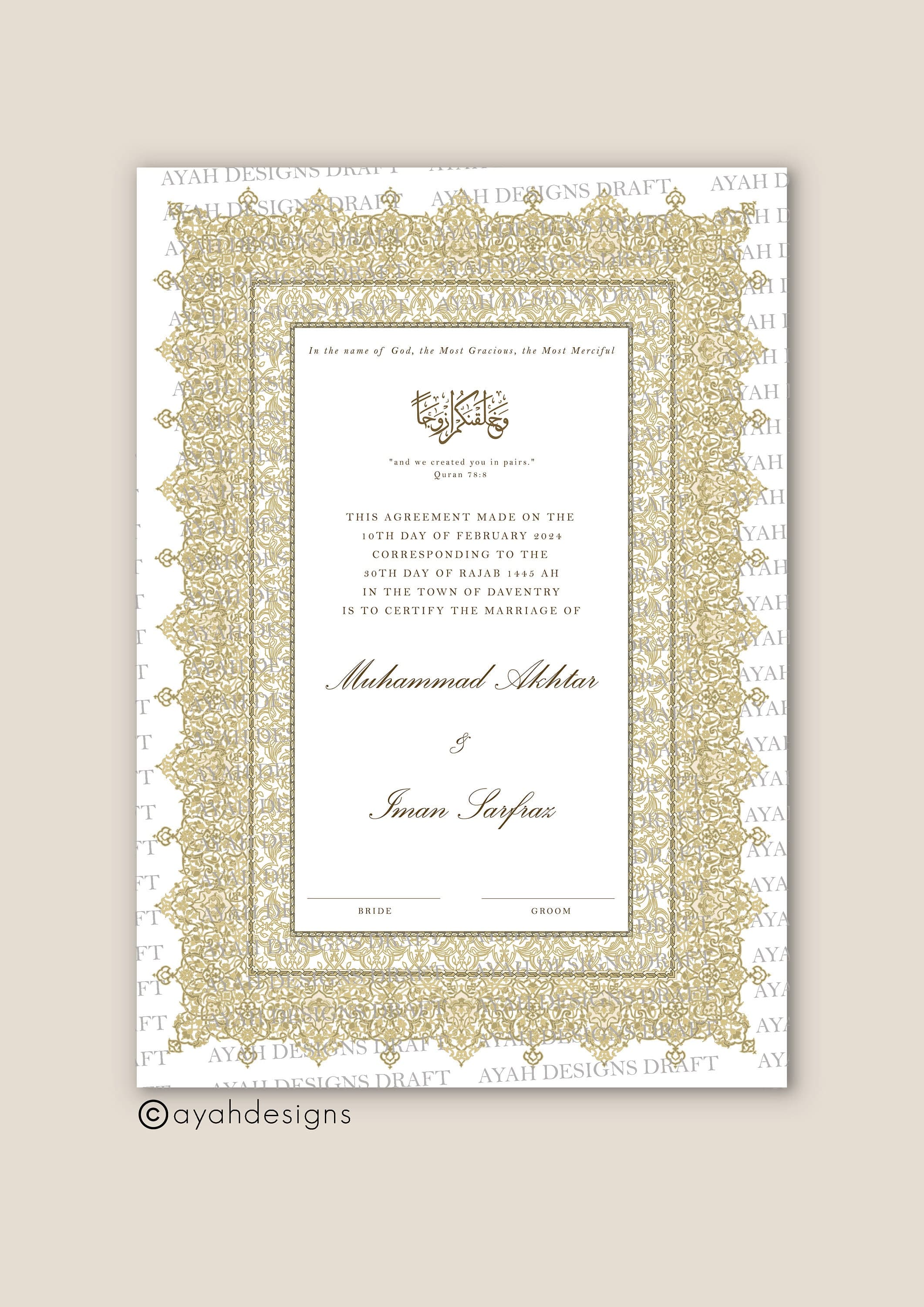 Nikkah Certificate Islamic, Nikah Nama, Muslim Mariage Wedding Contract, Islamic Marriage Certificate, Personalised Gift for Couple, A4 Gold