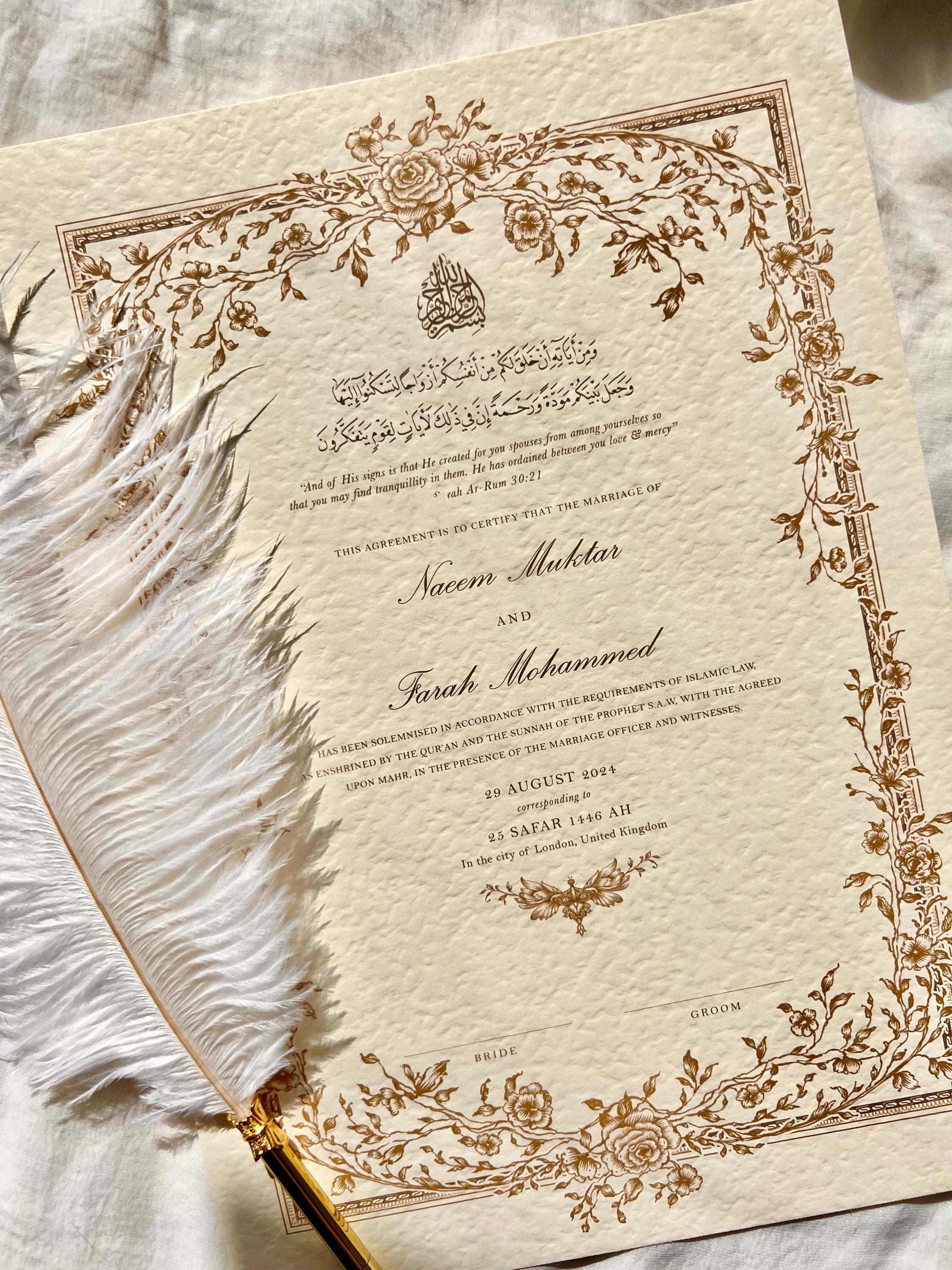 Luxury A4 Nikkah Certificate (Mahek Gold), Islamic Wedding Contract, Nikkah Nama, Muslim Marriage Certificate, Personalised Names, Gold