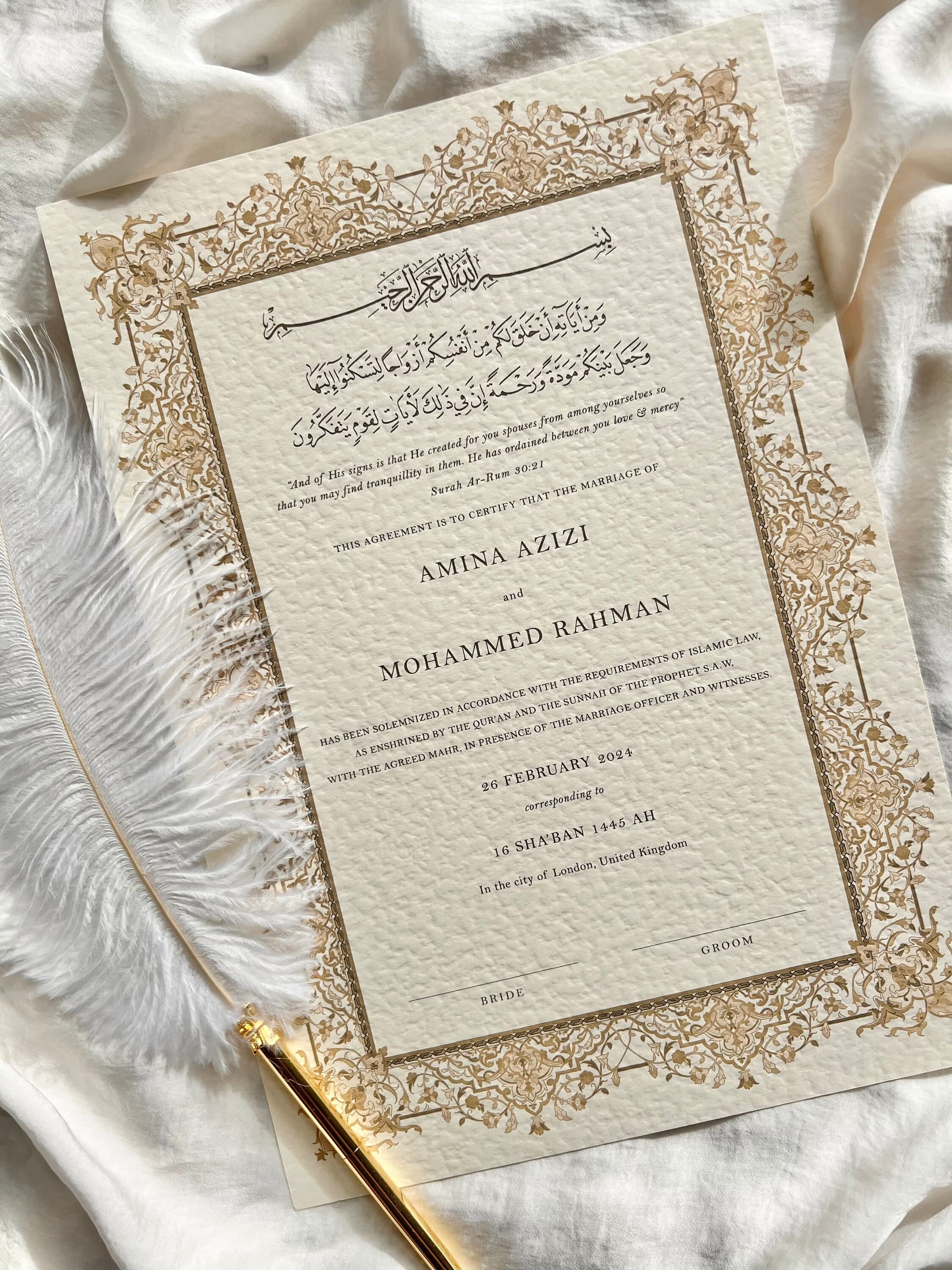 Luxury A4 Gold Nikkah Certificate: Personalised Islamic Wedding Contract