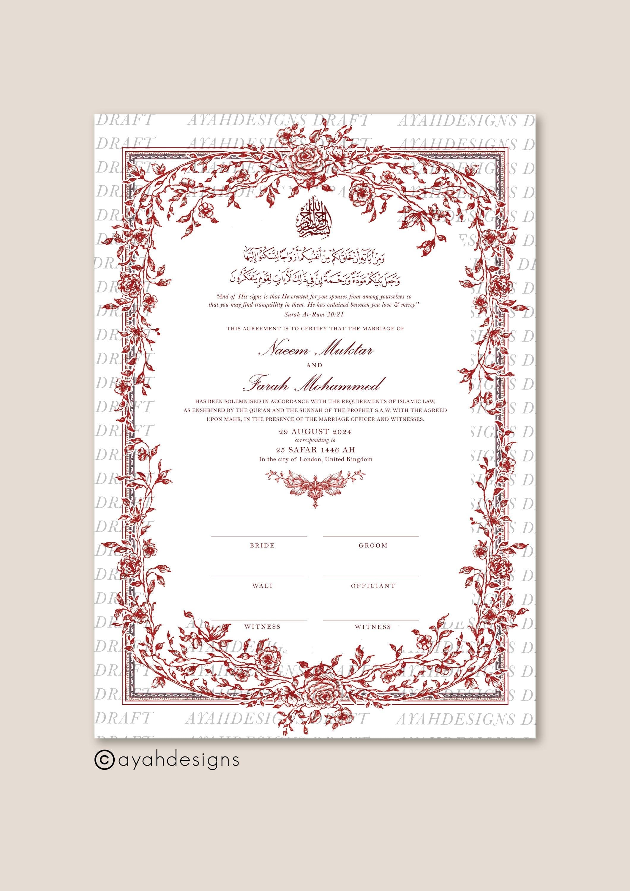 Luxury A3 Nikkah Certificate (Mahek Maroon), Islamic Wedding Contract, Nikkah Nama, Muslim Marriage Certificate, Personalised Names, Gold