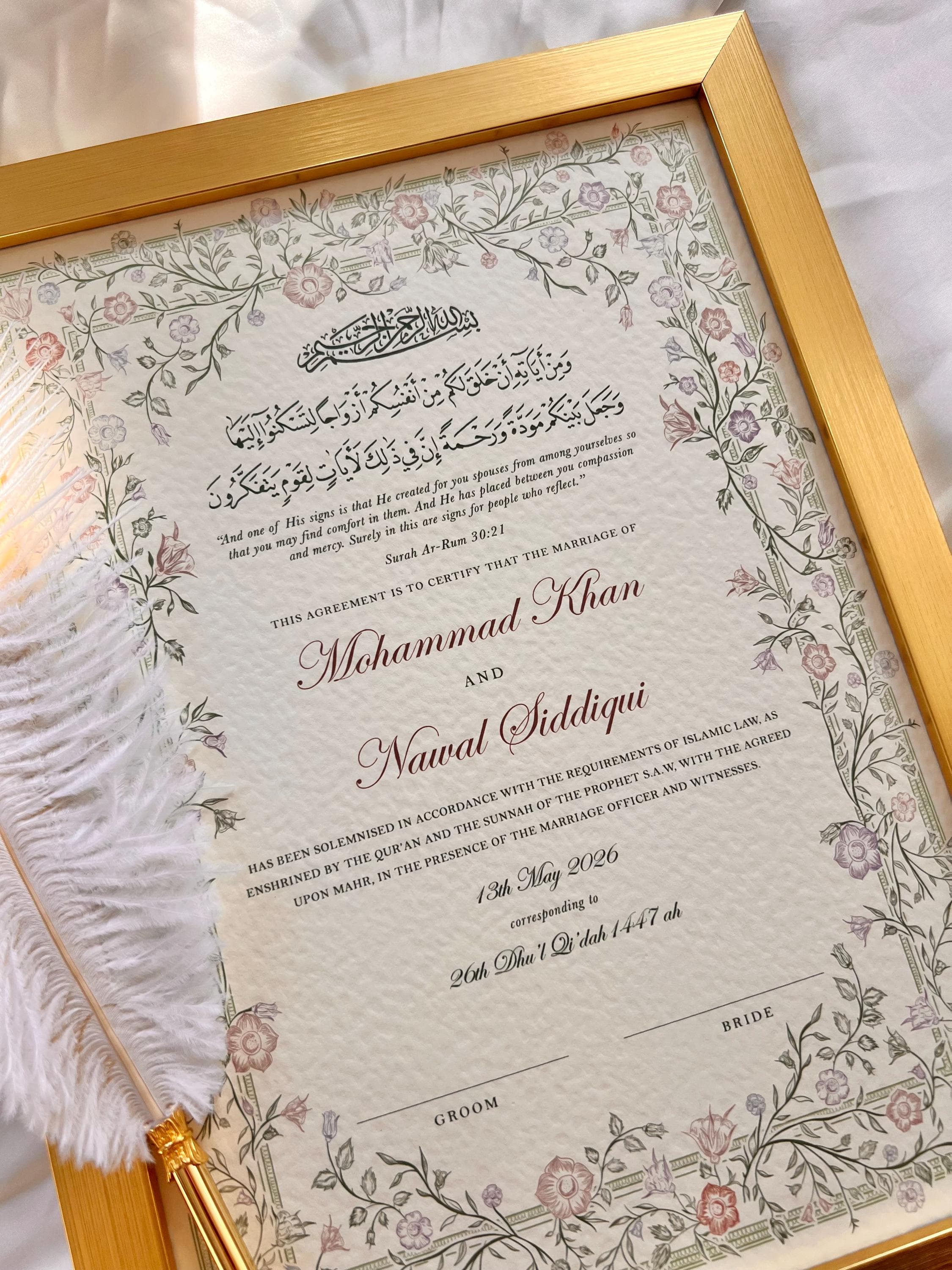 Floral Nikkah Certificate, Pastel A4/A3 Islamic Wedding Contract, Nikkah Nama, Muslim Marriage Certificate, Personalised Names, Quran Verse - image 3