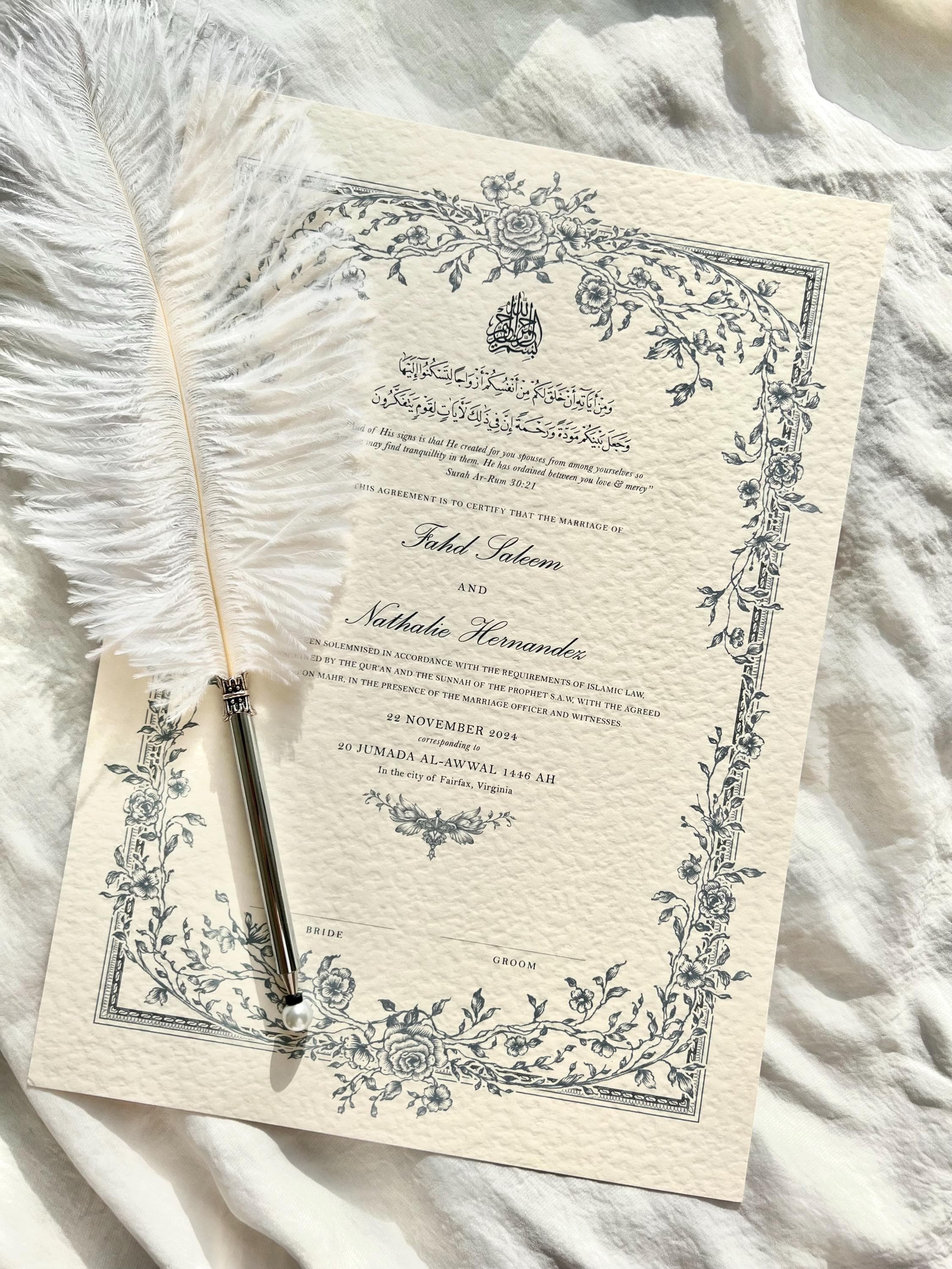 A4 nikkah certificate 11x17, modern nikkah designs, nikkah certificate with fingerprint, nikkah certificate thumbprint, custom nikah template, boxed nikkah, nikkah name in frame, nikkah name and frame, nikkah pen names, Islamic marriage contract