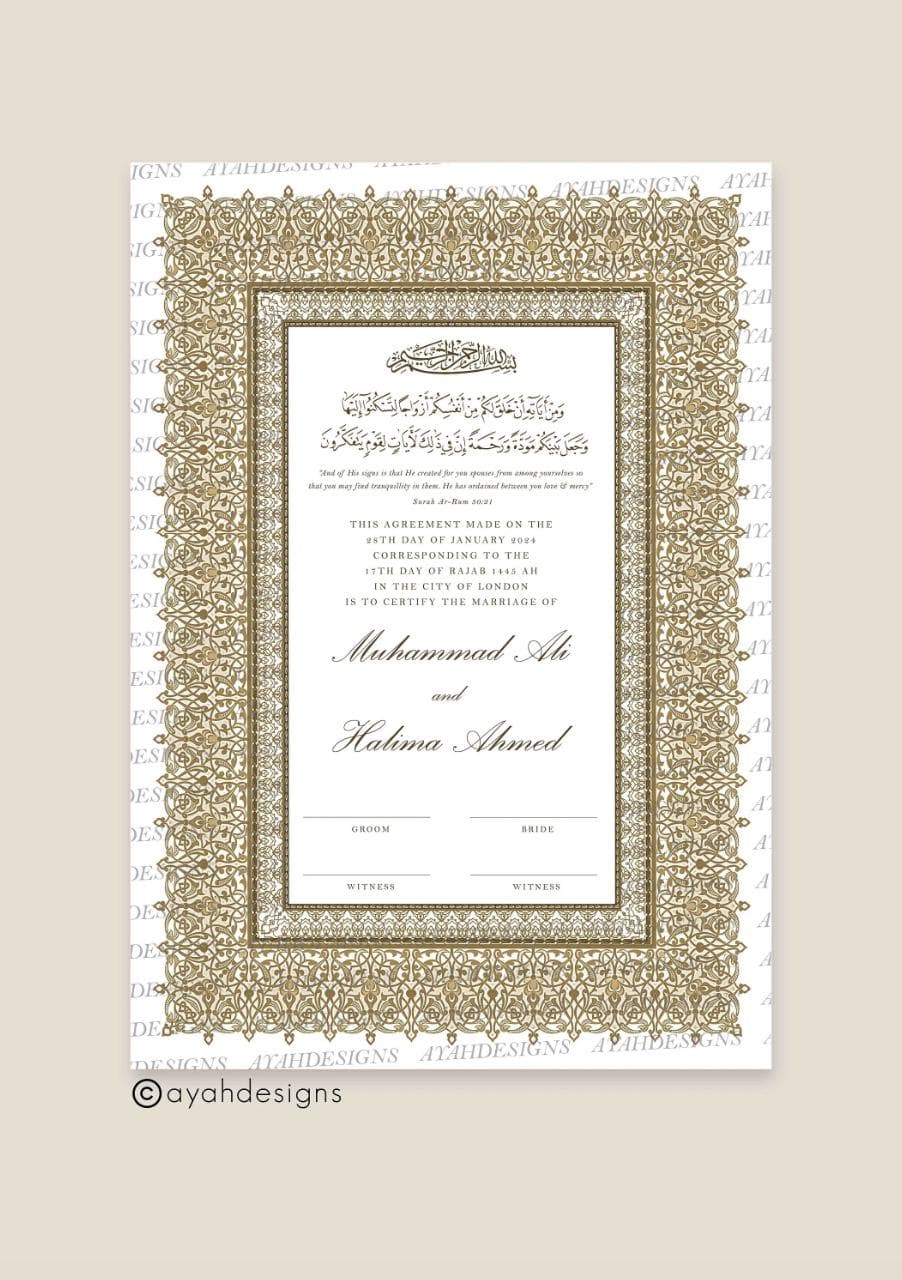 framed nikkah certificate, a3 luxury Islamic certificate, A4 nikkah certificate with witnesses, nikkah document frame, nikkah certificate and frame, decorative nikkah certificate, hand-painted nikkah certificates, personalised wedding nikah