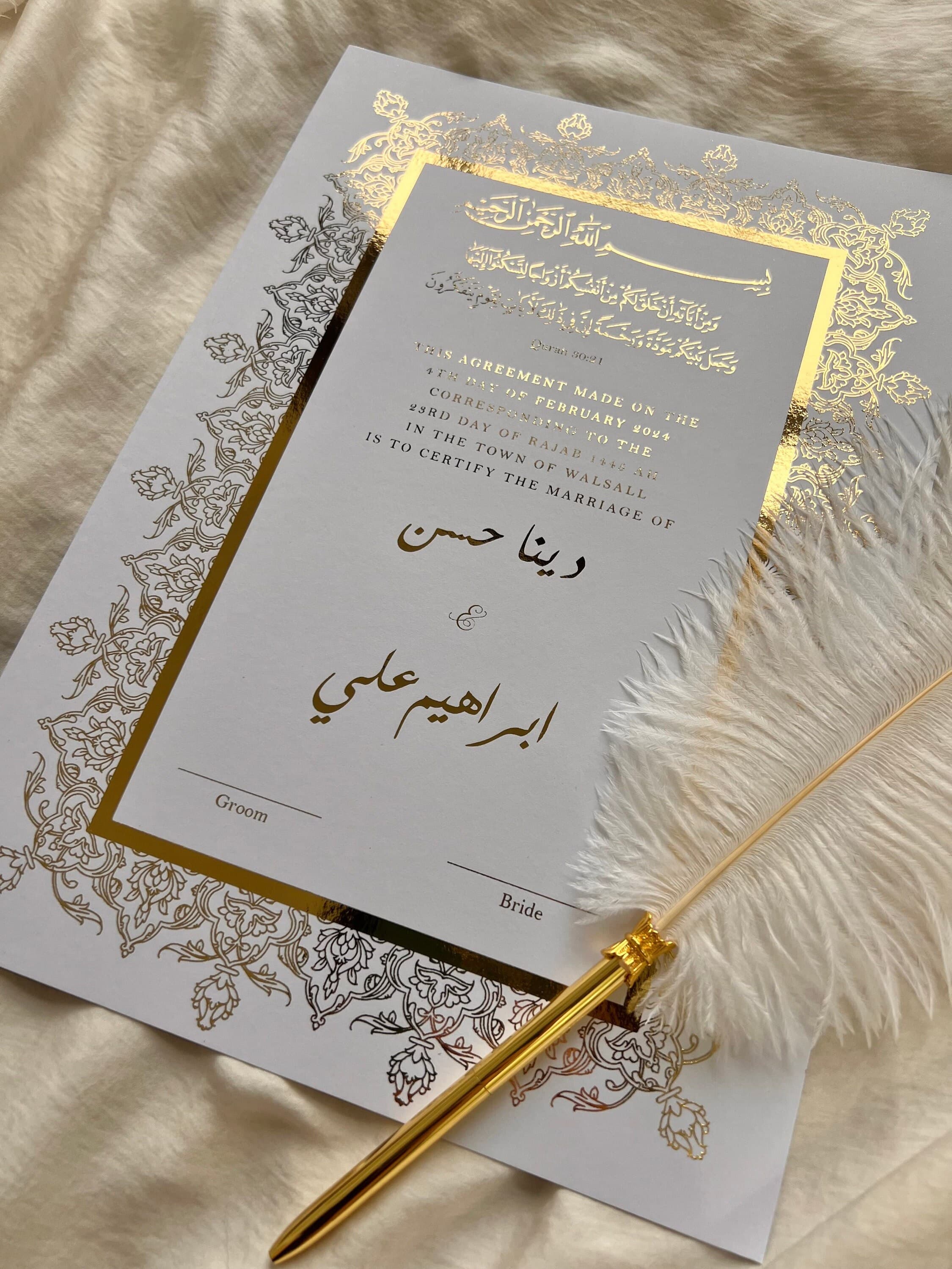 Luxury Nikkah Certificate, Nikah Contract Gold, Islamic Marriage Certificate, Feather Pen, Nikkah Nama, Wedding Certificate, Nikkah Print A4