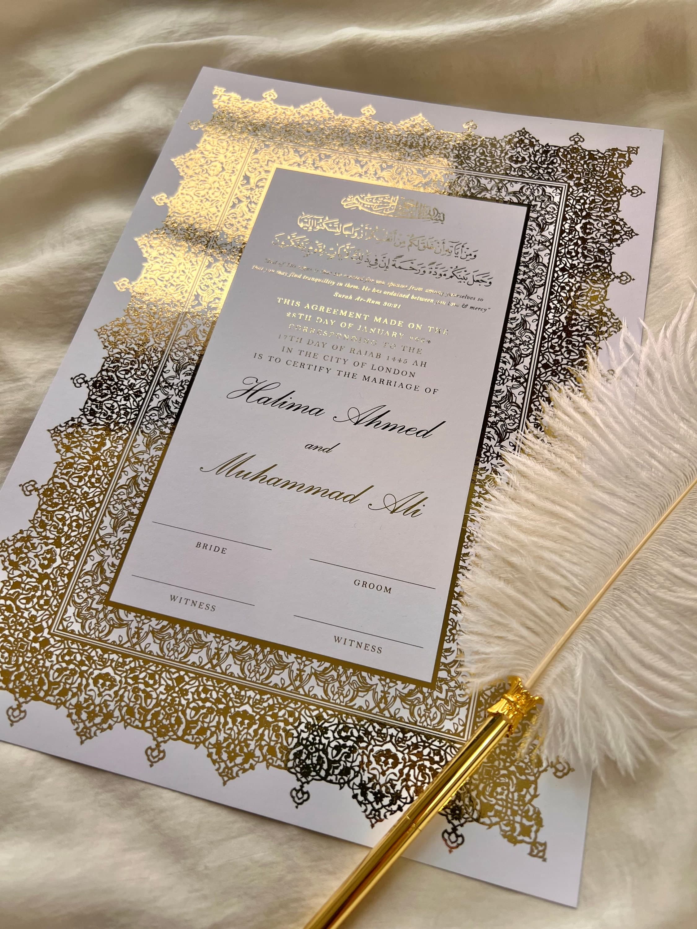 A3 Luxury Nikkah Certificate, Premium Islamic Wedding Contract, Nikkah Nama, Muslim Marriage Certificate, Personalised Names, Quran Verse