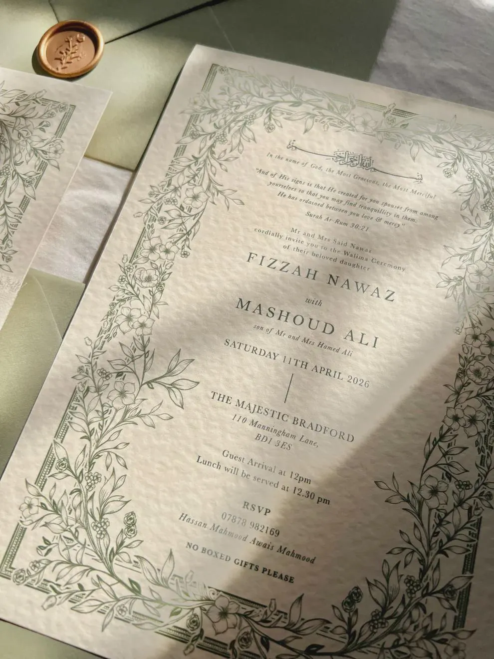 Floral Sage Nikkah Wedding Invitation,  Arabic Muslim Invite, Wedding Invitation, Katb Kitab Invitation Suite, Baraat - image 4