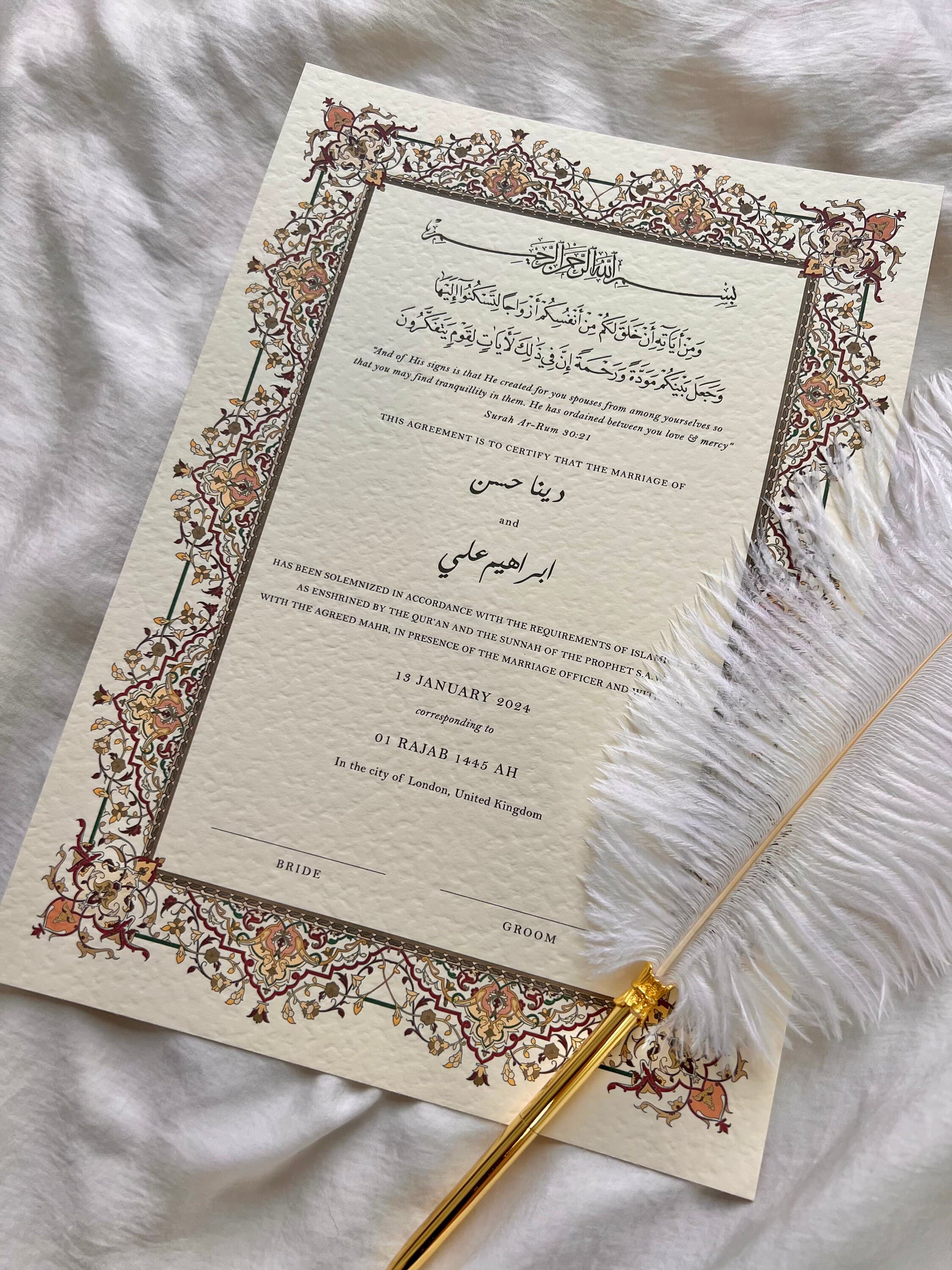 Luxury Nikkah Certificate, Nikah Contract Gold, Islamic Marriage Certificate, Feather Pen, Nikkah Nama, Wedding Certificate, Nikkah Print A4