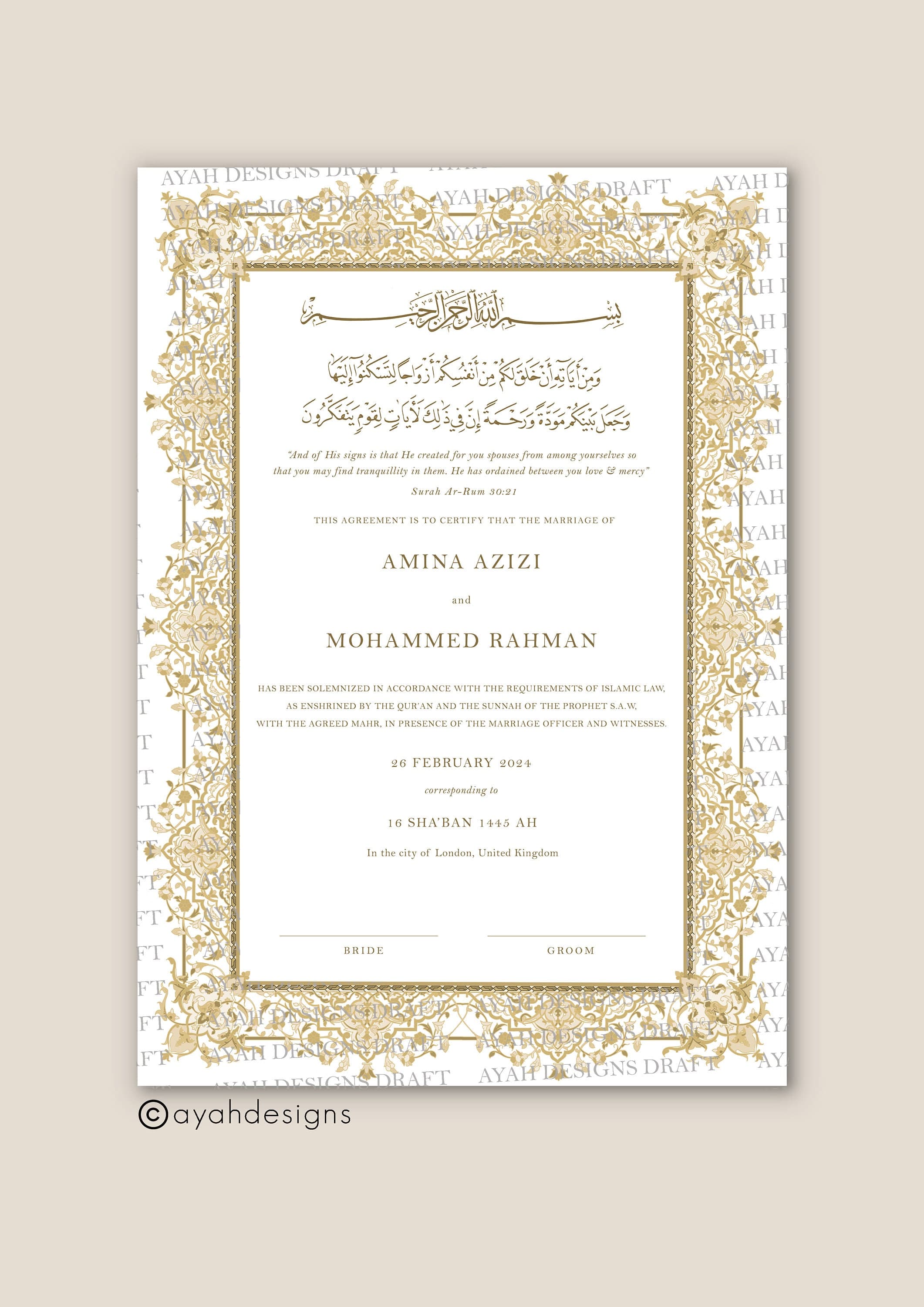 Nikkah Certificate Islamic, Nikah Nama, Muslim Marriage Wedding Contract, Islamic Marriage Certificate, Personalised Gift for Couple, A4 Gold