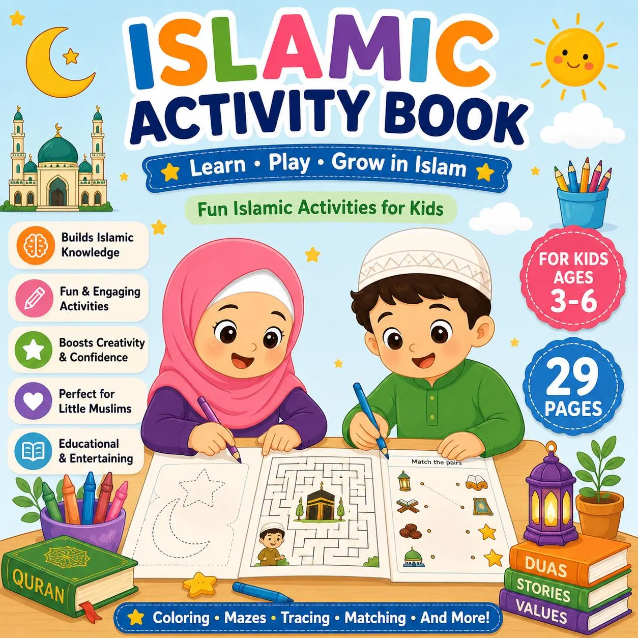 Islamic Activity Book for Kids Ages 3-6 | Coloring, Mazes, Tracing (Digital Download)