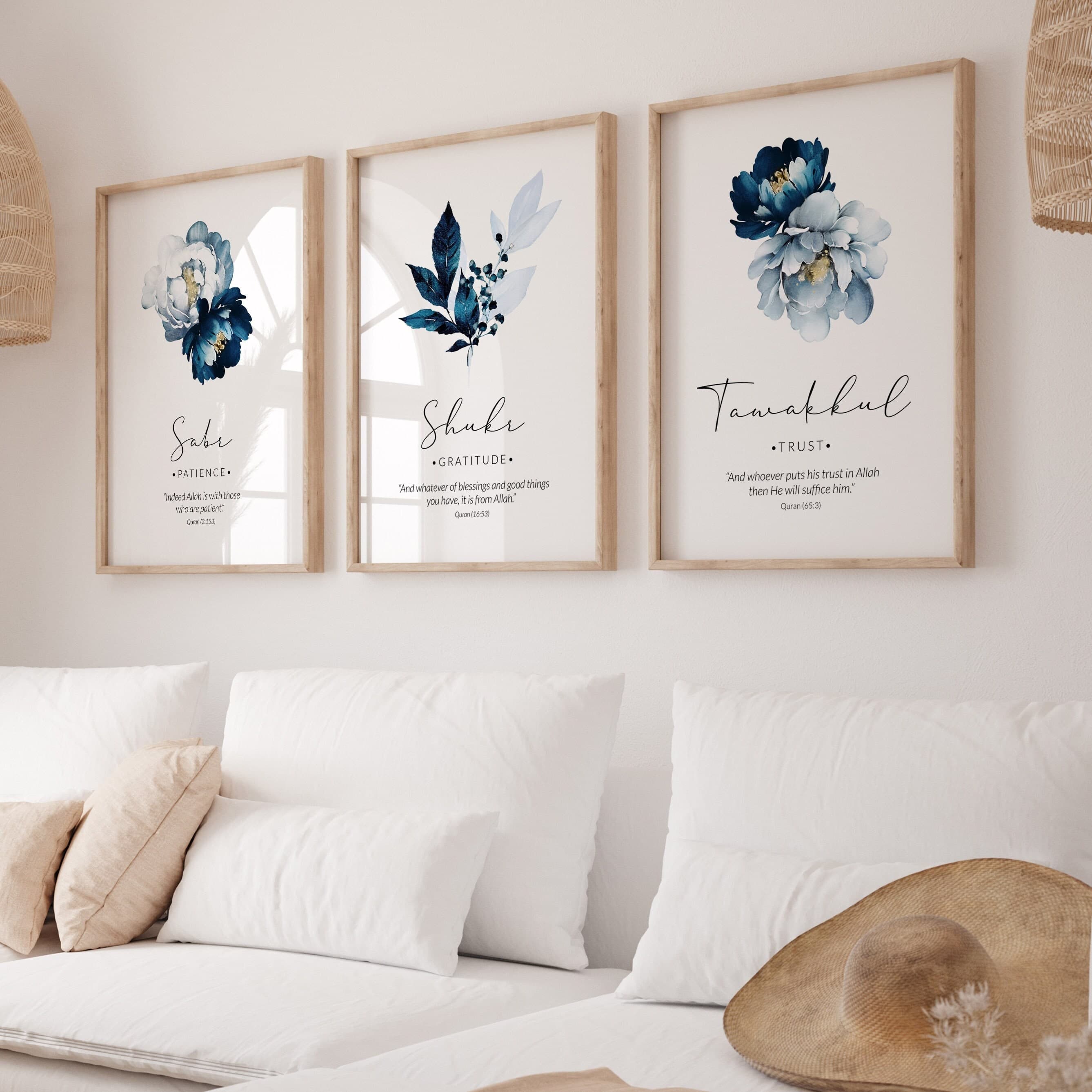 Islamic Wall Art, Islam Posters & Prints Set, Muslim Decor, Eid Gifts, Inspirational Triptych Artwork, Sabr Shukr Tawakkul Quotes