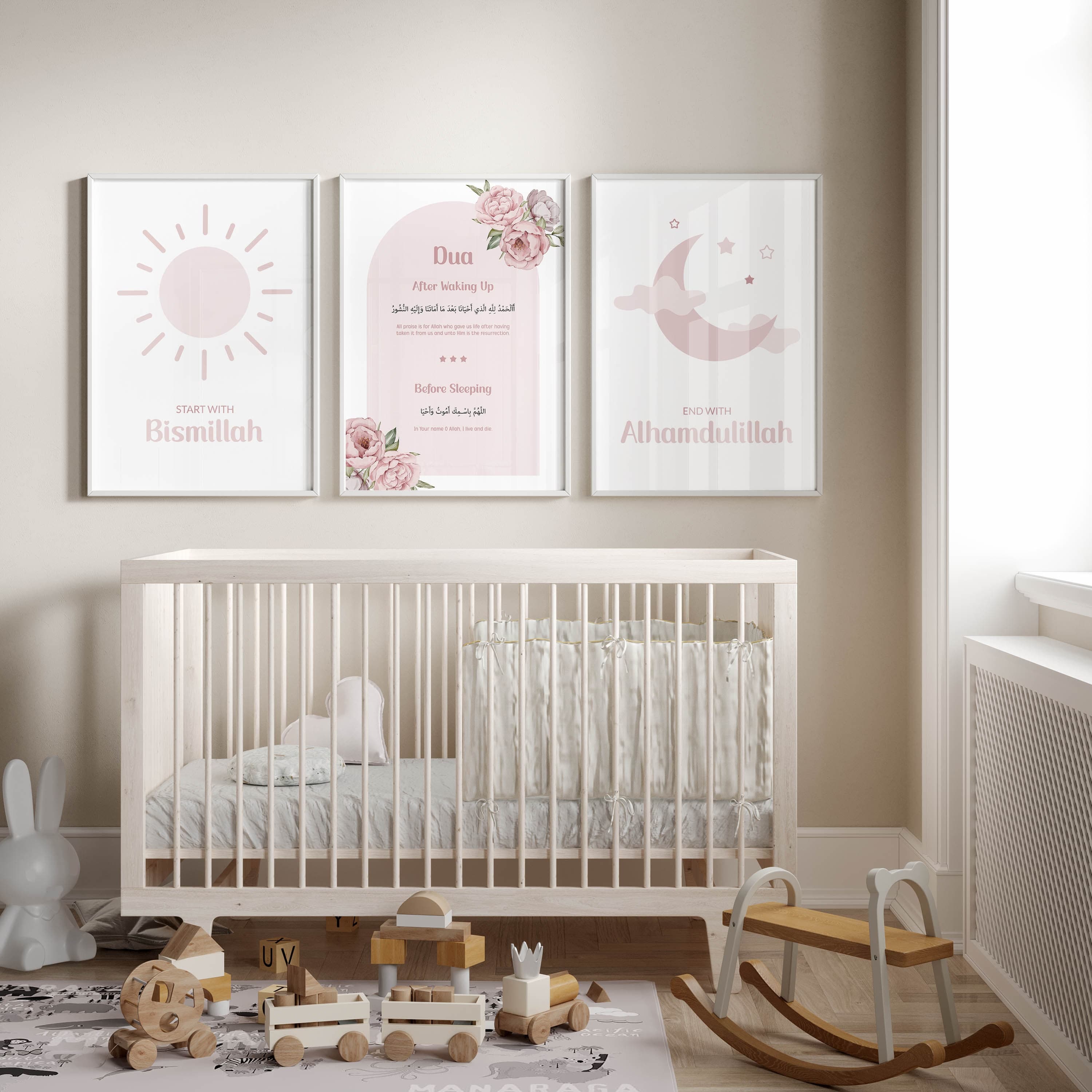 Set of 3 Islamic Wall Art Prints for Kids, 3 Piece Muslim Nursery Posters, Islamic Gifts for Girl, Pink Morning Evening Dua Triptych Art - image 4