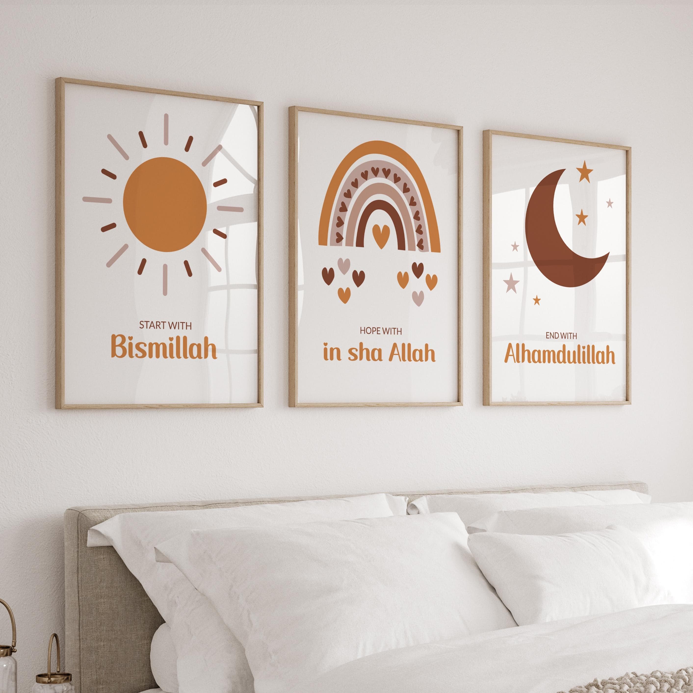 Islamic Wall Art Posters for Children, Eid Gifts for Kids, Muslim Nursery Decor in Orange & Brown, Islamic Art Prints for Boys and Girls