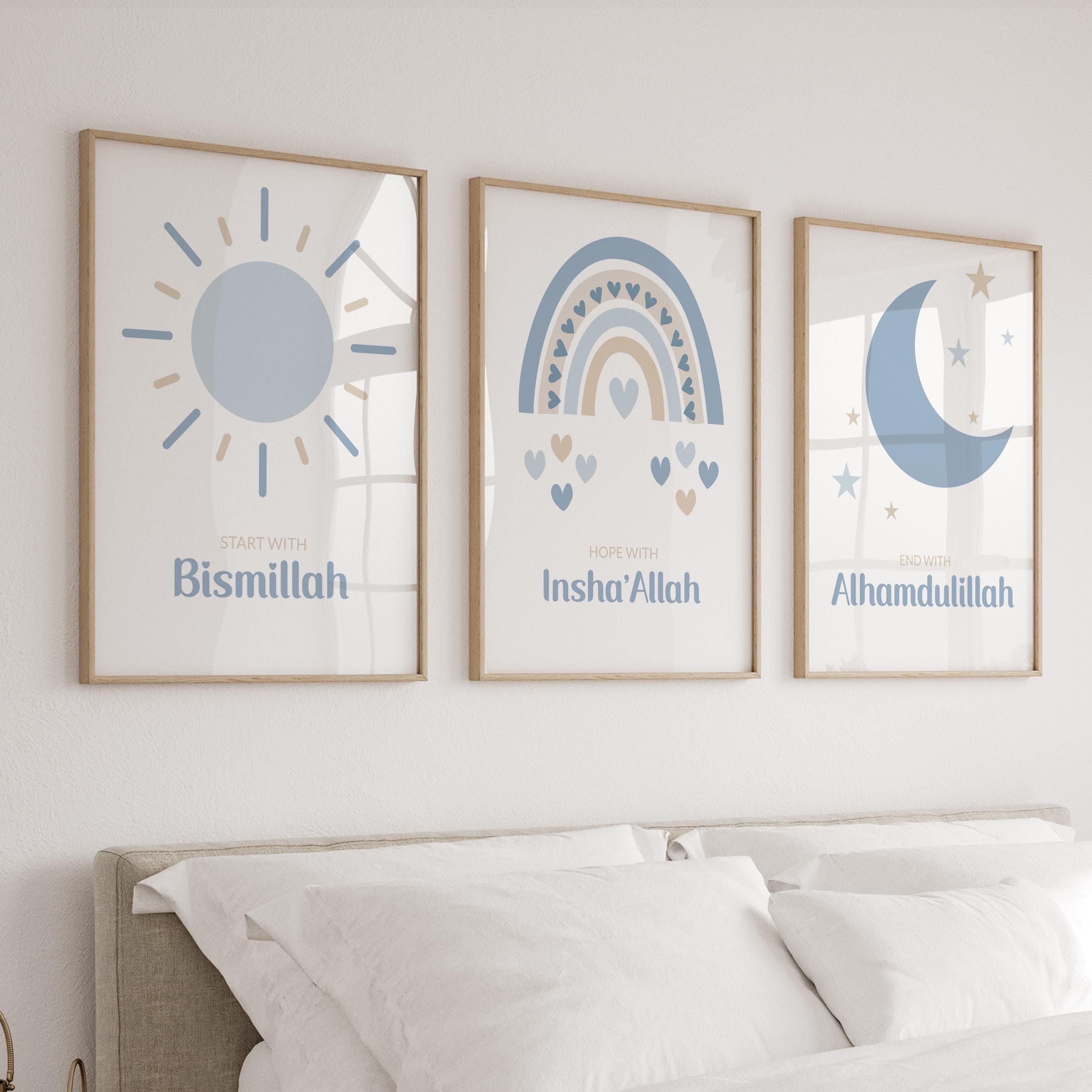 Islamic Wall Art Posters for Children, Set of 3 Islamic Prints in Blue, Eid Gifts for Boys, Muslim Boy's Room Decor, Start with Bismillah