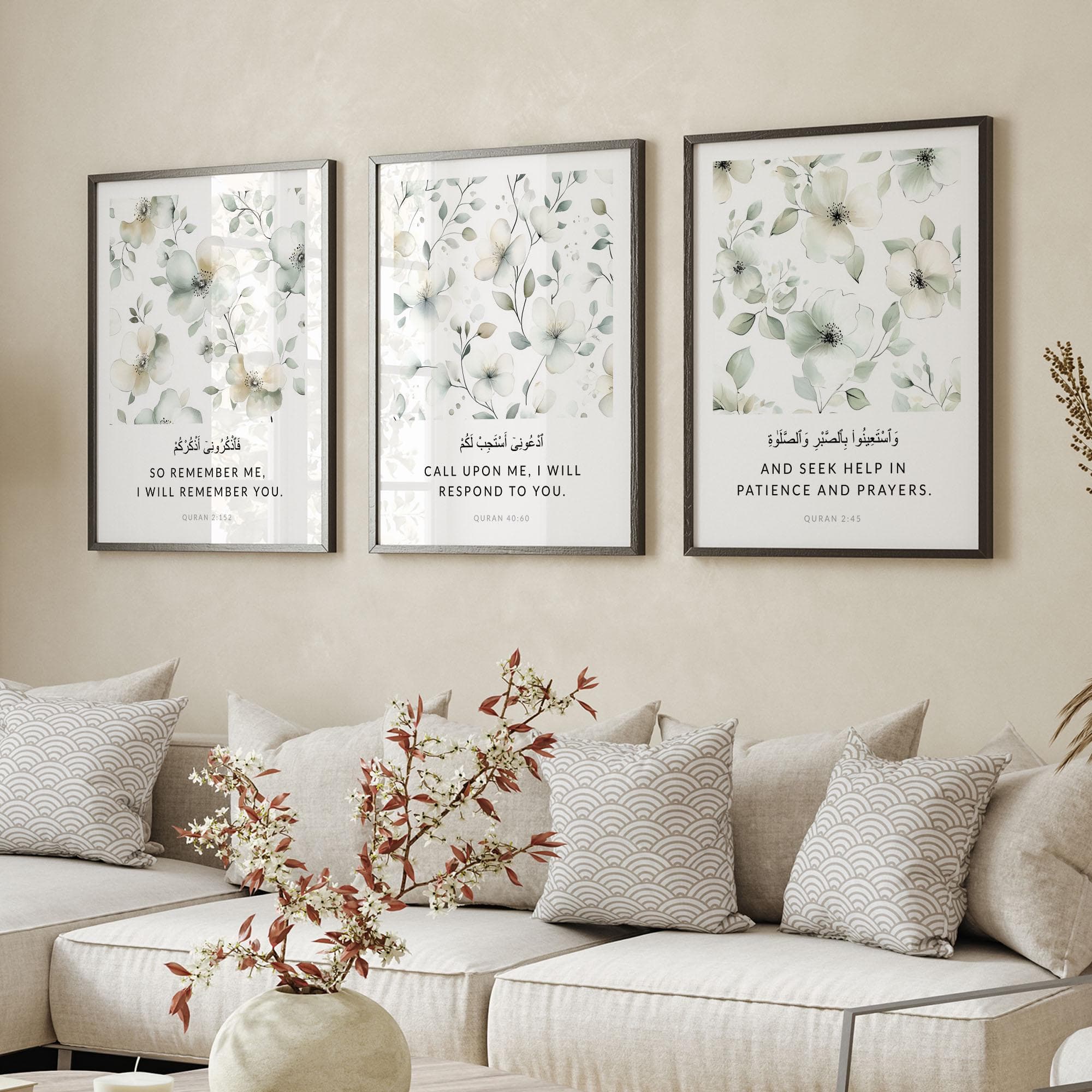 Islamic Wall Art Prints, Set of 3 Quran Verses Posters, Sage Green Floral Muslim Home Decor Gifts - image 4