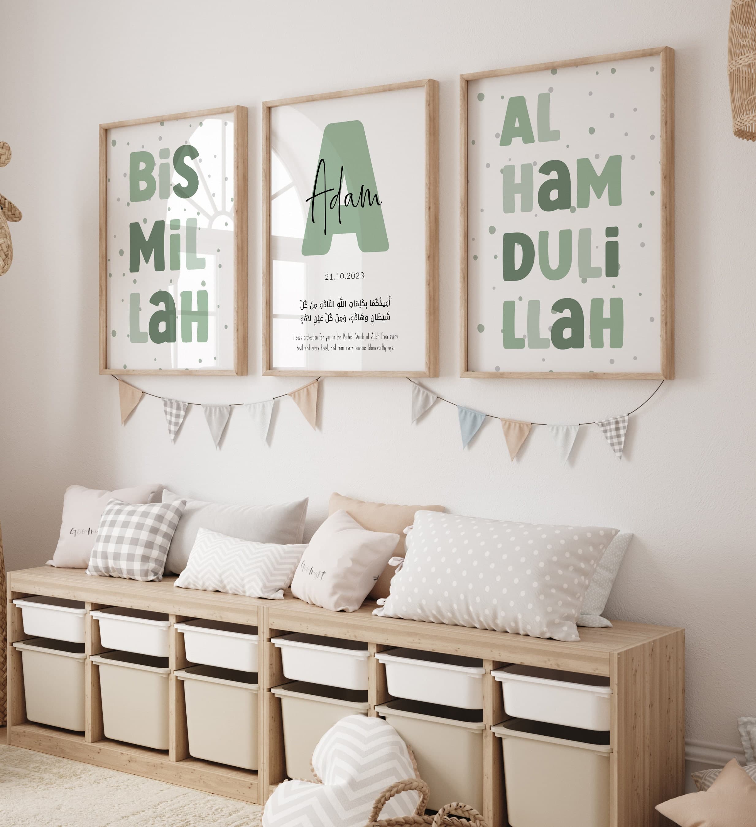 Islamic Wall Art for Children, Personalised Islamic Gifts for Kids, Custom Name Sign Nursery Posters, Protection Dua Triptych Prints Baby - image 5