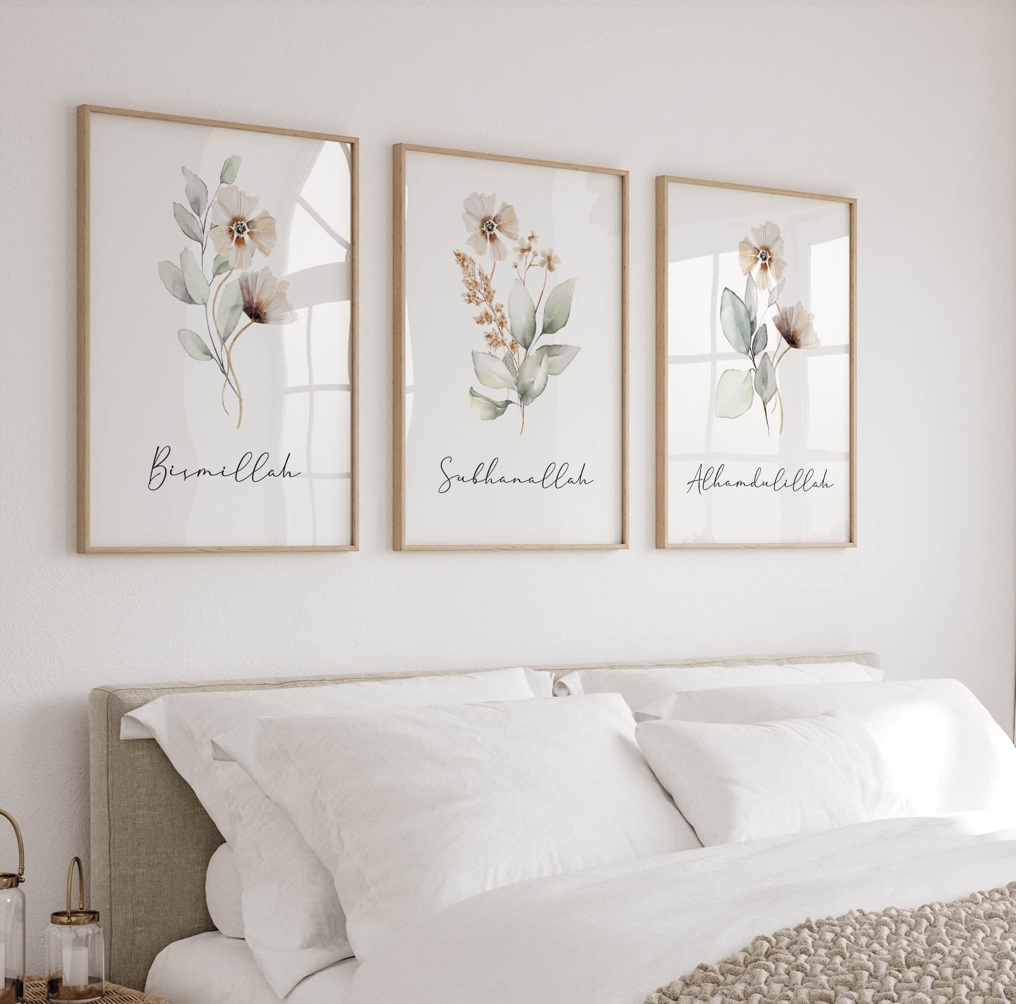 Islamic Wall Art, Islamic Gifts, Set of 3 Muslim Posters & Prints, Sage Green Cream Floral Home Decor, Bismillah Subhanallah Alhamdulillah