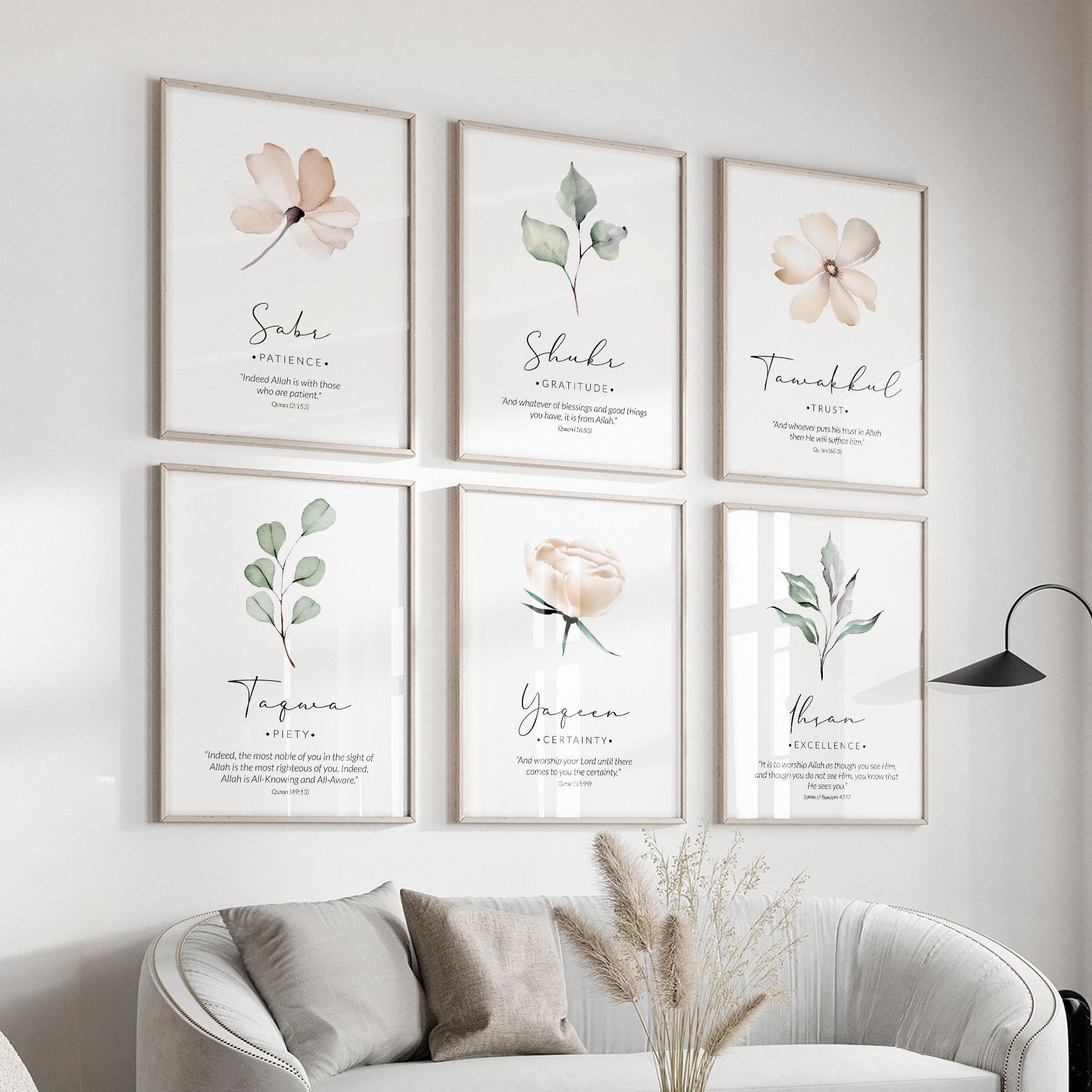 Islamic Gallery Wall Art, Set of 6 Muslim Posters and Prints with Sage Green & Cream Flowers, Inspirational Islamic Quran Verses Home Decor - image 3