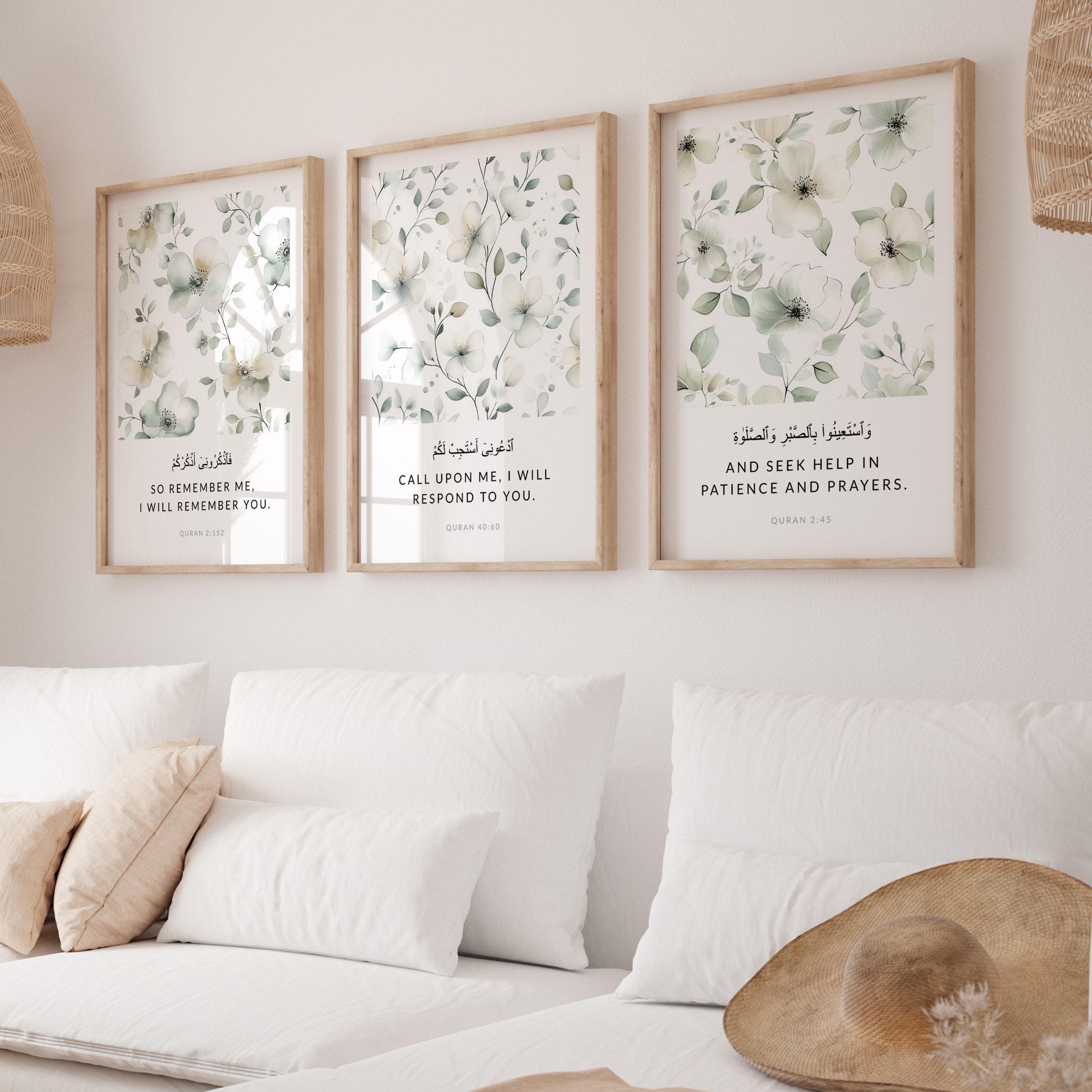 Islamic Wall Art Prints, Set of 3 Quran Verses Posters, Sage Green Floral Muslim Home Decor Gifts - image 3