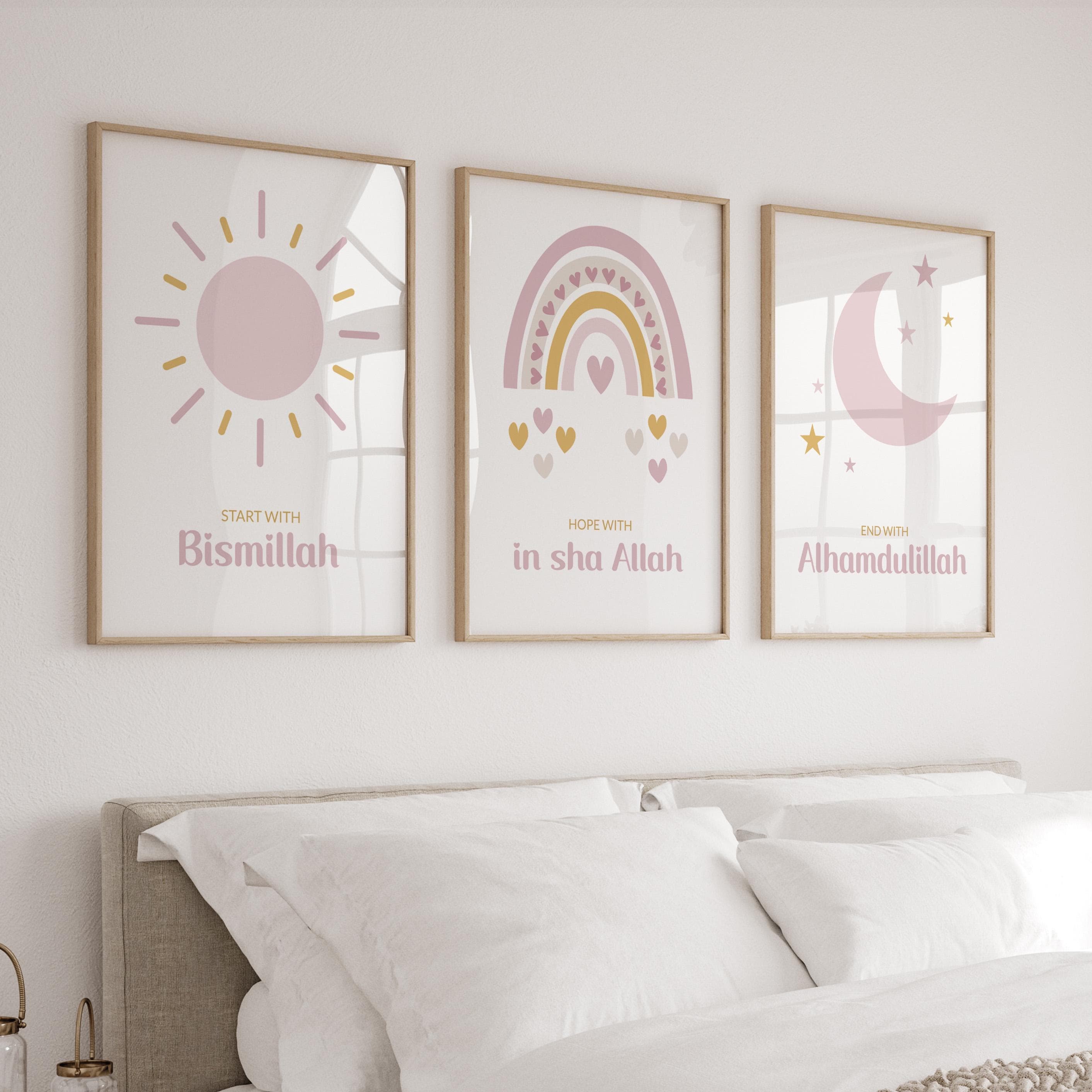 Set of 3 Islamic Wall Art Prints for Children, 3 Piece Muslim Nursery Posters, Islamic Gifts for Girls, Bismillah Islam Posters for Kids