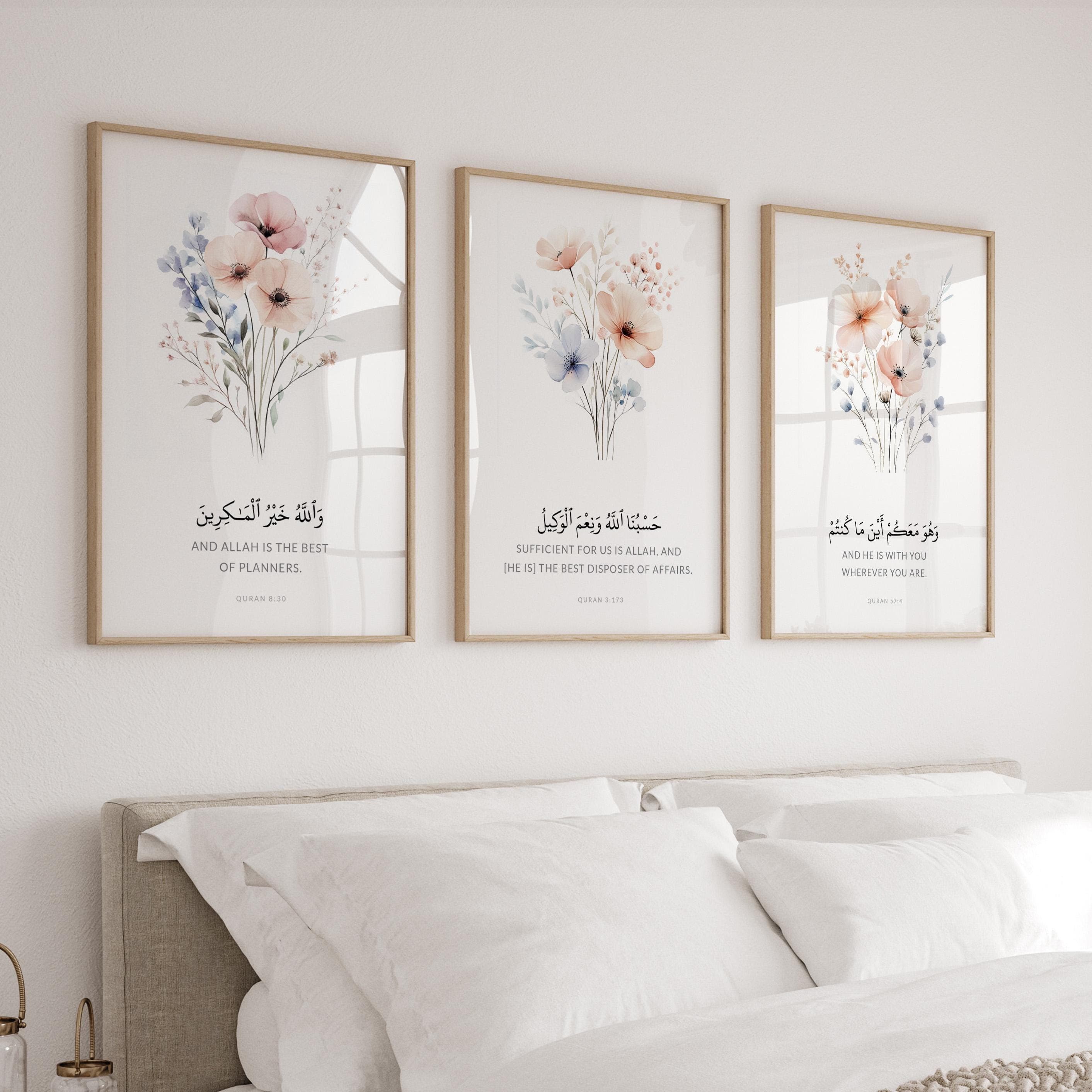 Set of 3 Quran Verse Islamic Wall Art Posters, Eid Gifts for Modern Muslim Home Decor, Islamic Quotes, Dua Art Print Pastel Floral Art