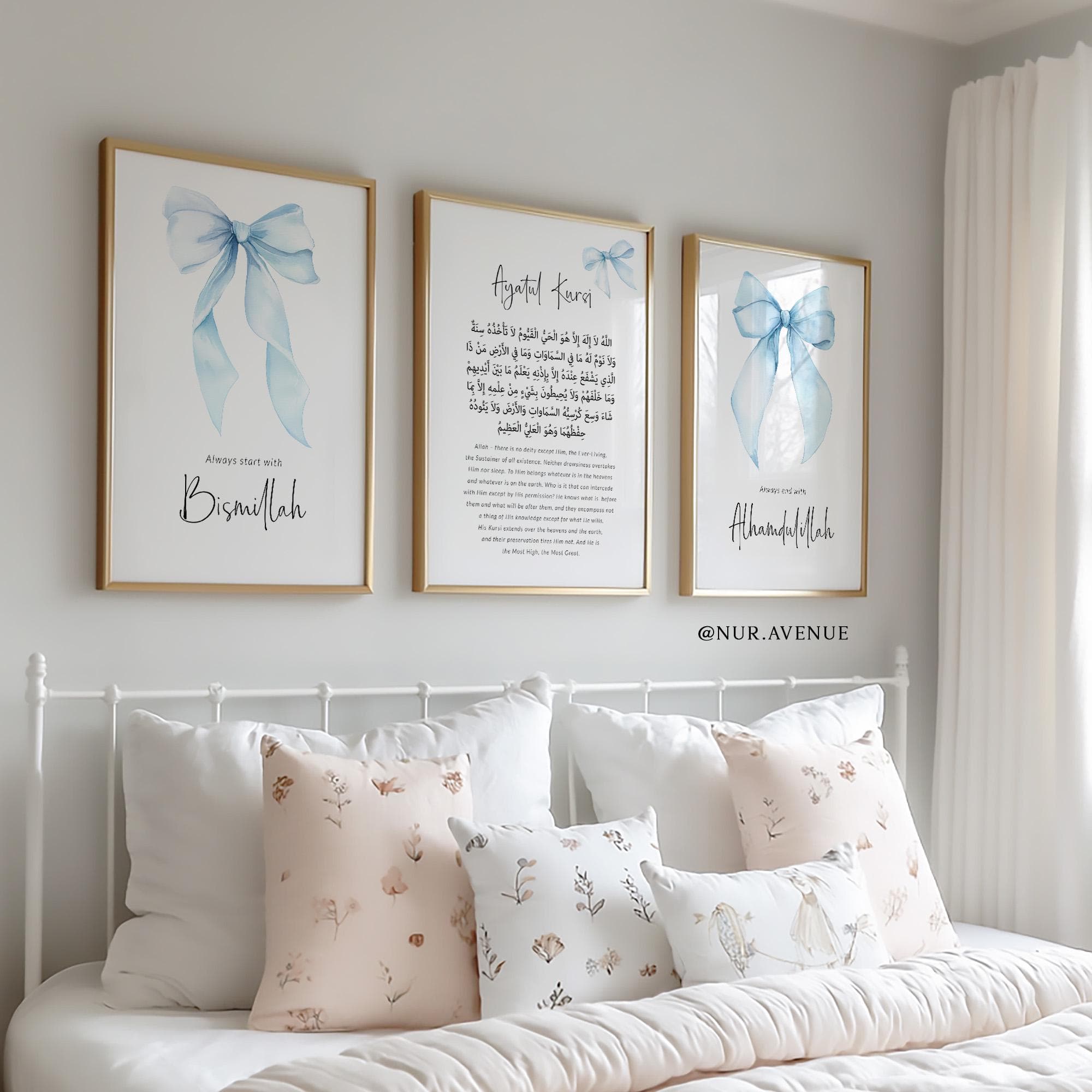 Set of 3 Islamic Wall Art Posters for Children in Blue, Quran Ayatul Kursi Art Prints, Muslim Girls Room Decor, Islam Nursery, Bismillah - image 3
