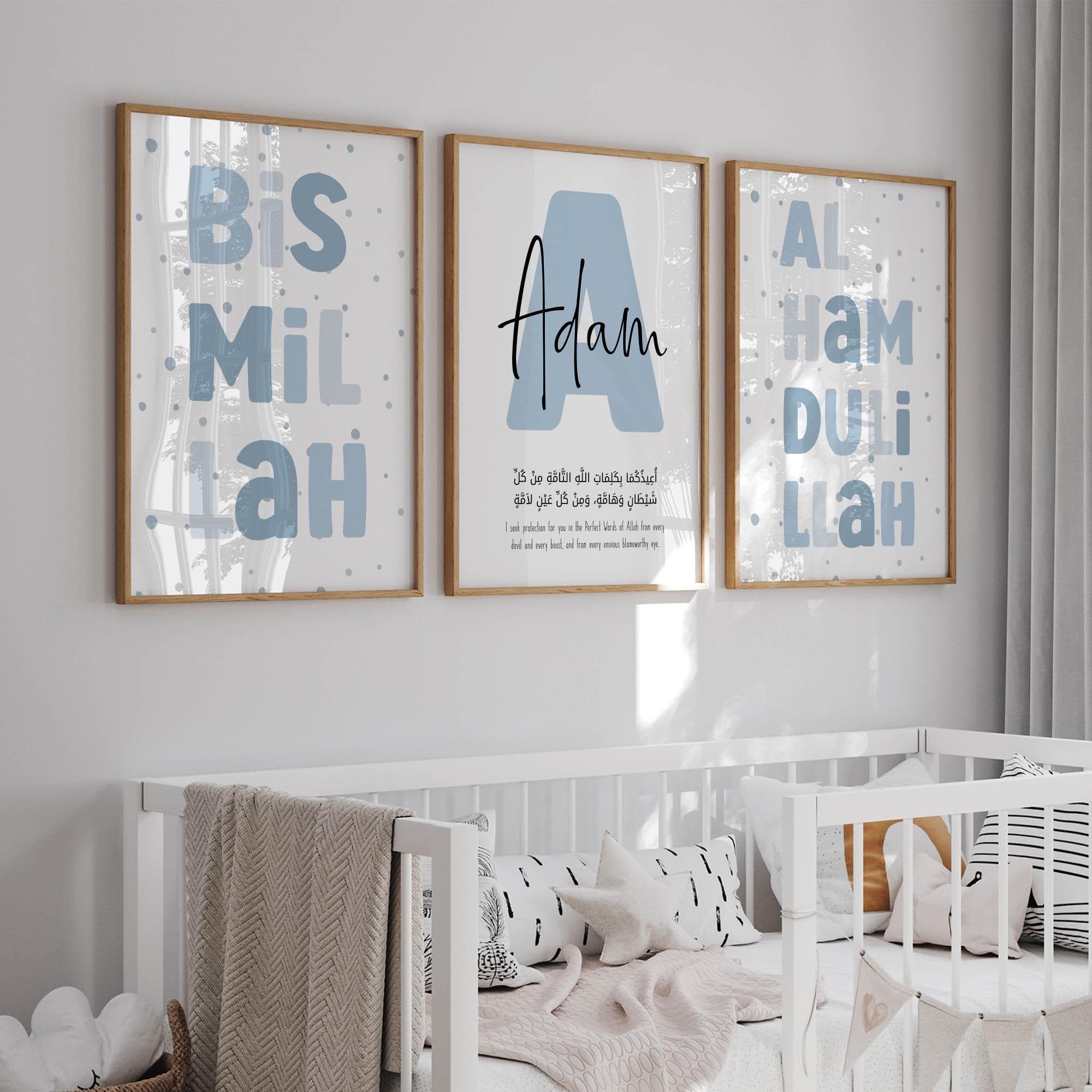 Set of 3 Islamic Wall Art for Children, Personalised Gifts for Muslim Kids, Blue Nursery Posters, Protection Dua Triptych Prints Baby Boy - image 3