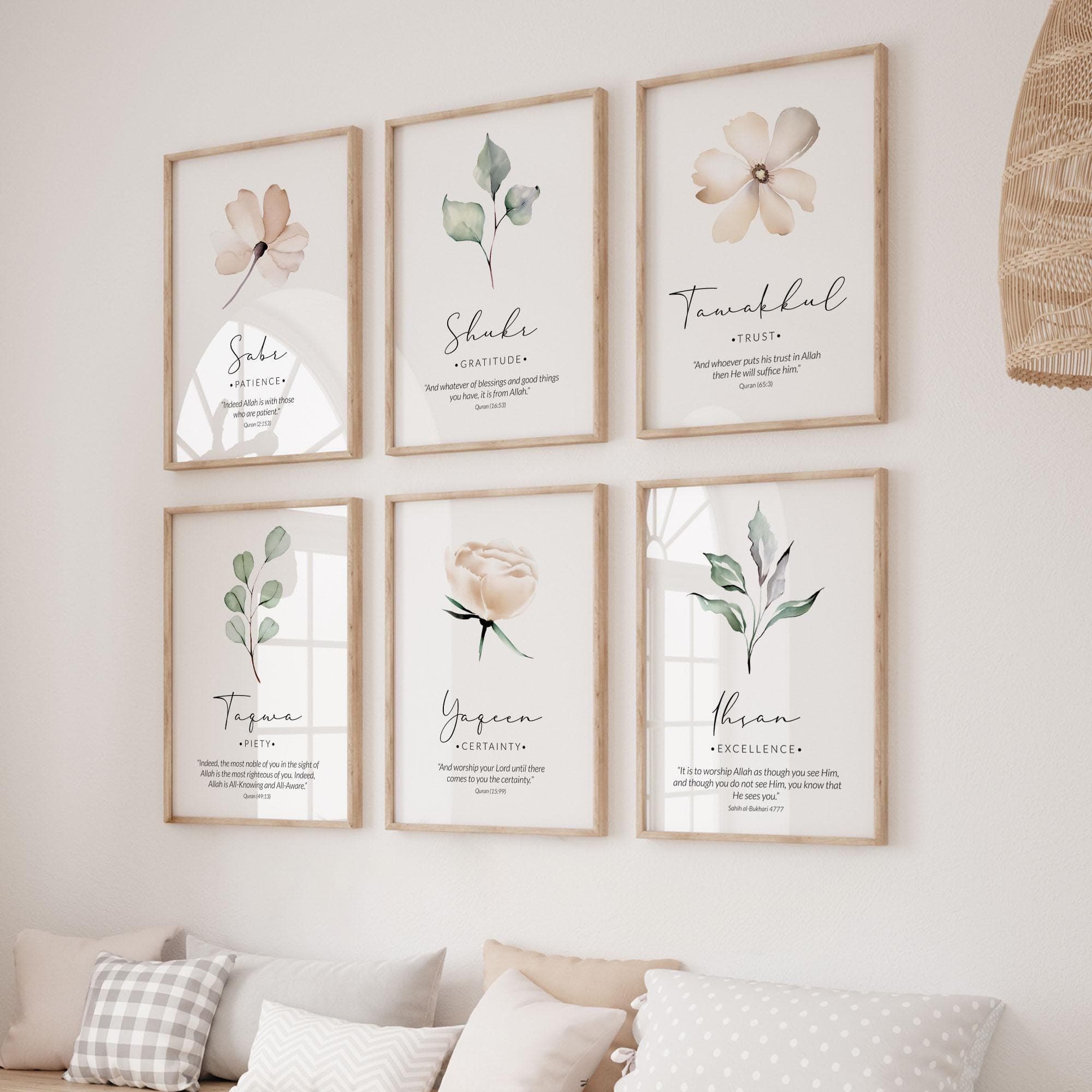 Islamic Gallery Wall Art, Set of 6 Muslim Posters and Prints with Sage Green & Cream Flowers, Inspirational Islamic Quran Verses Home Decor