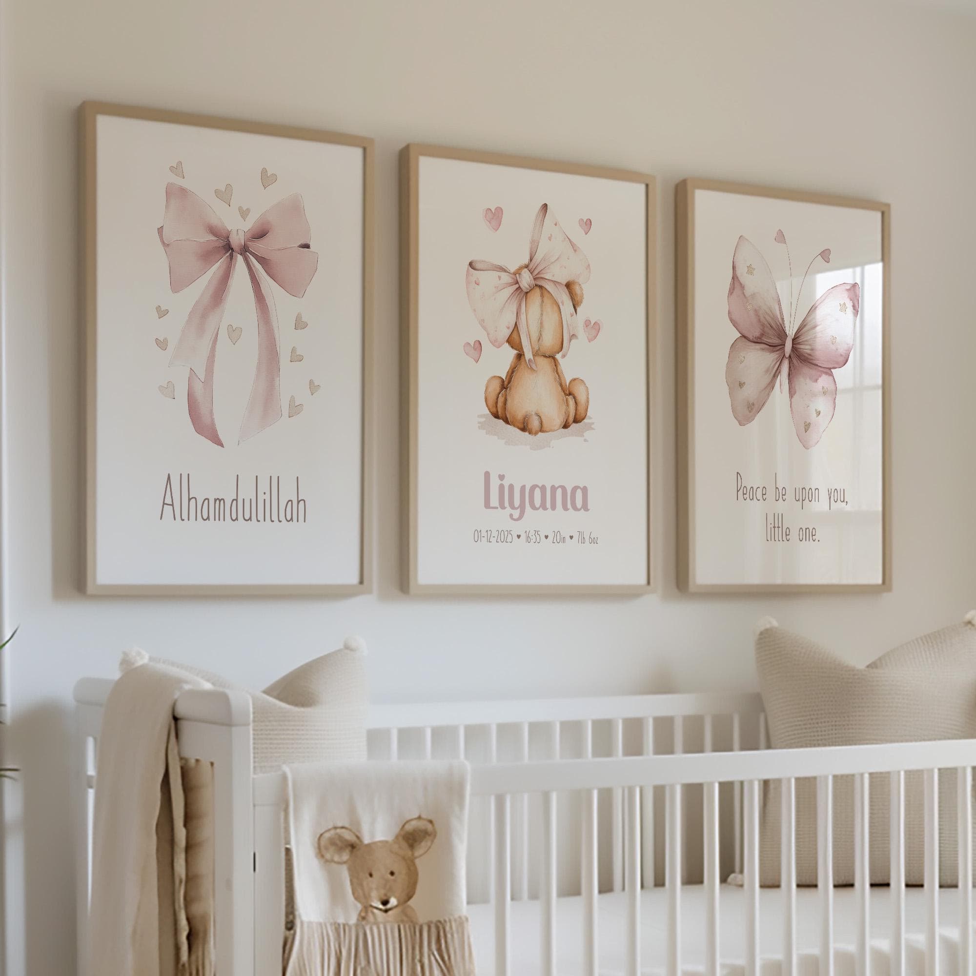 Personalised Islamic Wall Art Prints for Children, Eid Gifts for Kids, Cute Muslim Nursery Posters, Gift for Newborn Baby Girl, Name Art