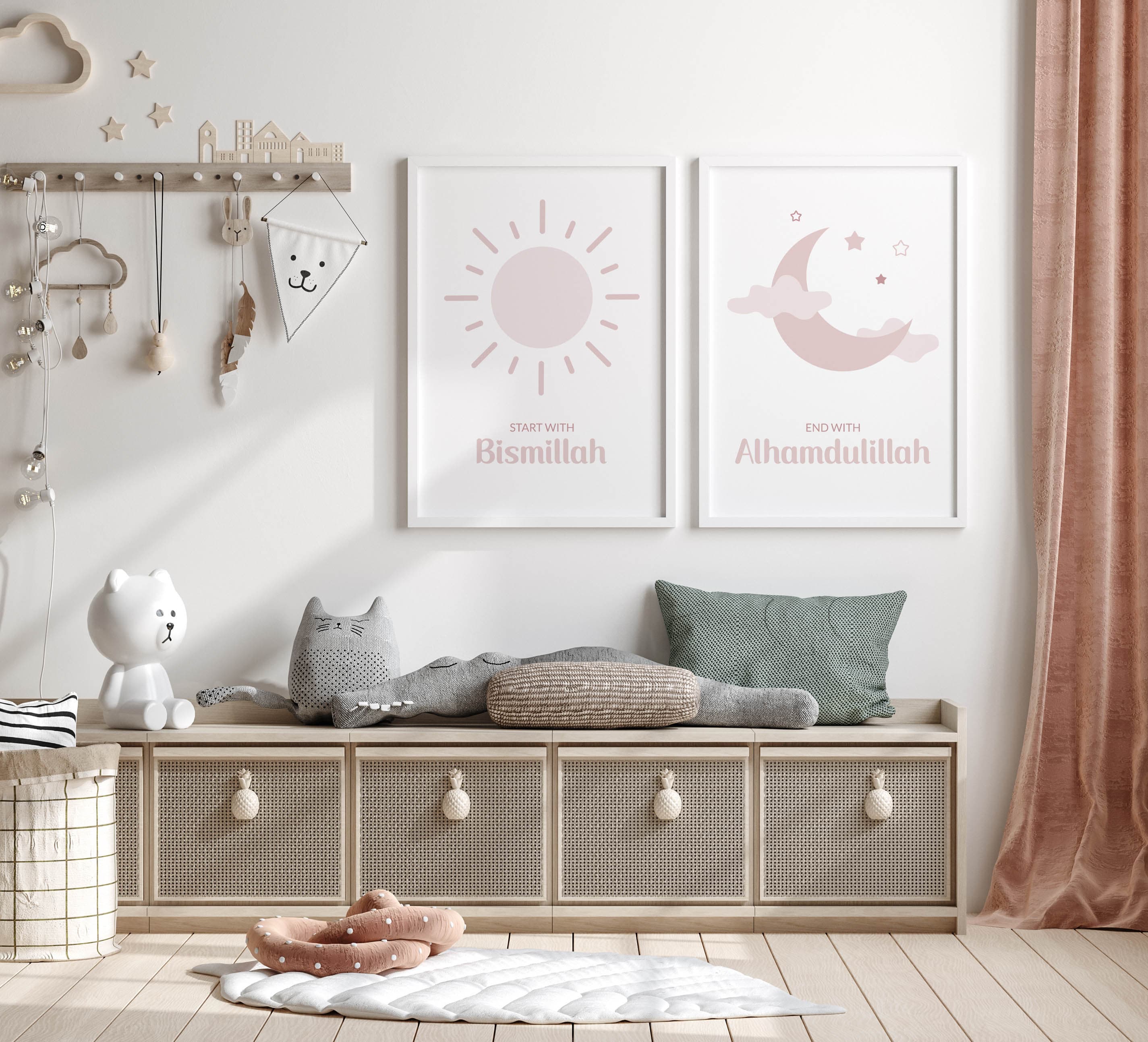 Set of 3 Islamic Wall Art Prints for Kids, 3 Piece Muslim Nursery Posters, Islamic Gifts for Girl, Pink Morning Evening Dua Triptych Art - image 5