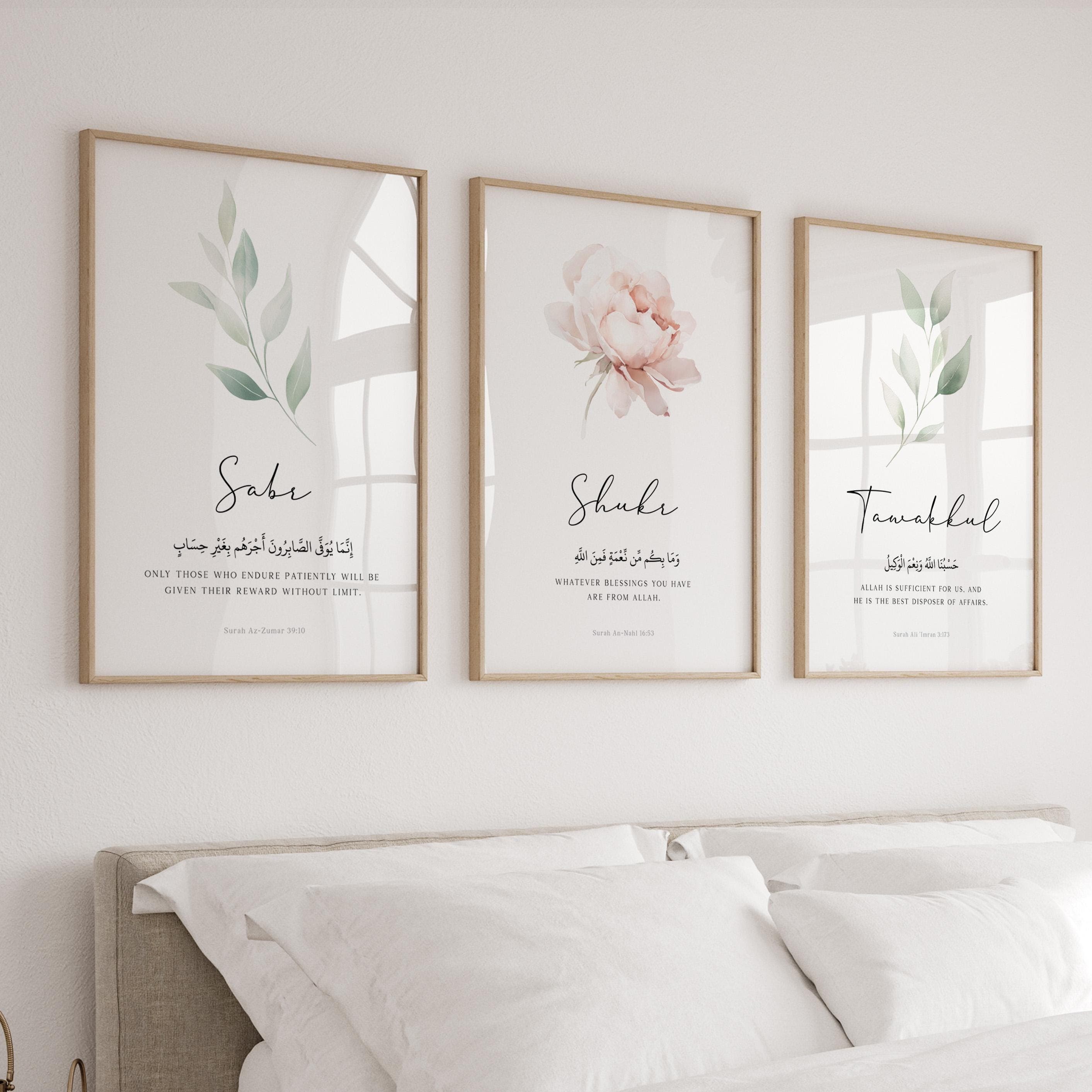 Islamic Wall Art Prints, Set of 3 Quran Verses Posters with Pink Flowers & Greenery, Muslim Ramadan Home Decor, Sabr Shukr Tawakkul Quotes