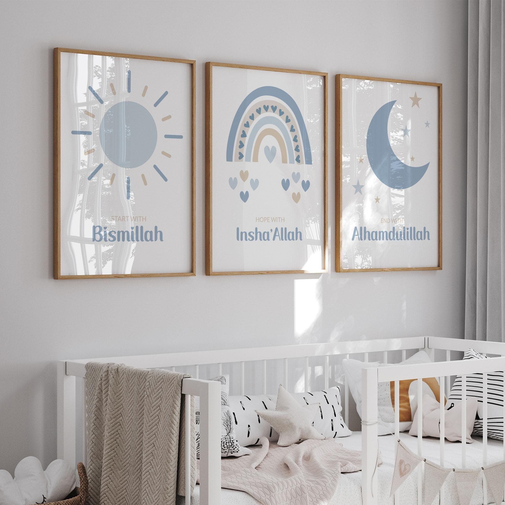 Islamic Wall Art Posters for Children, Set of 3 Islamic Prints in Blue, Eid Gifts for Boys, Muslim Boy's Room Decor, Start with Bismillah - image 4