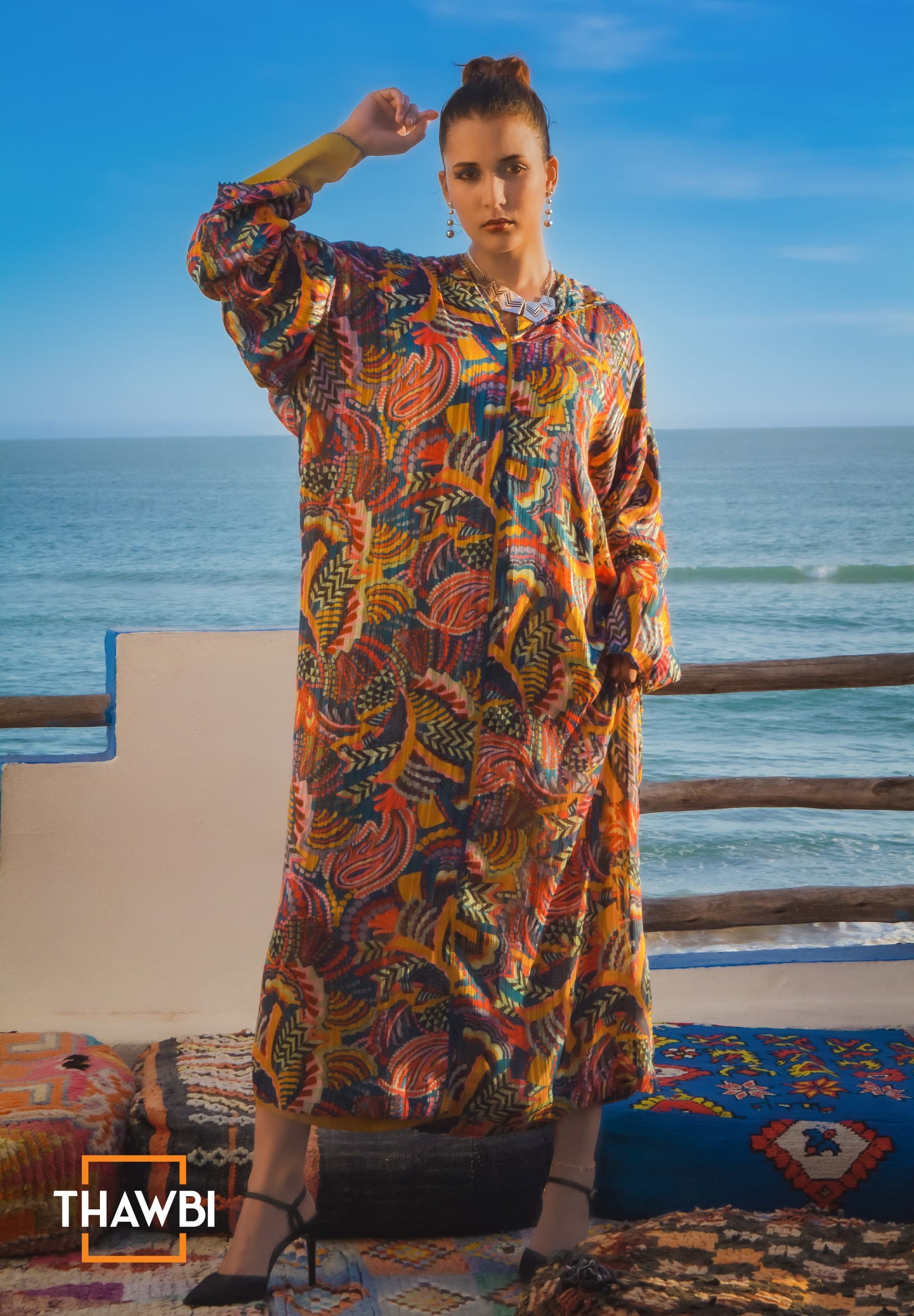 Handmade Moroccan Caftan Jellaba Set: Vintage Motif Randha Robe
