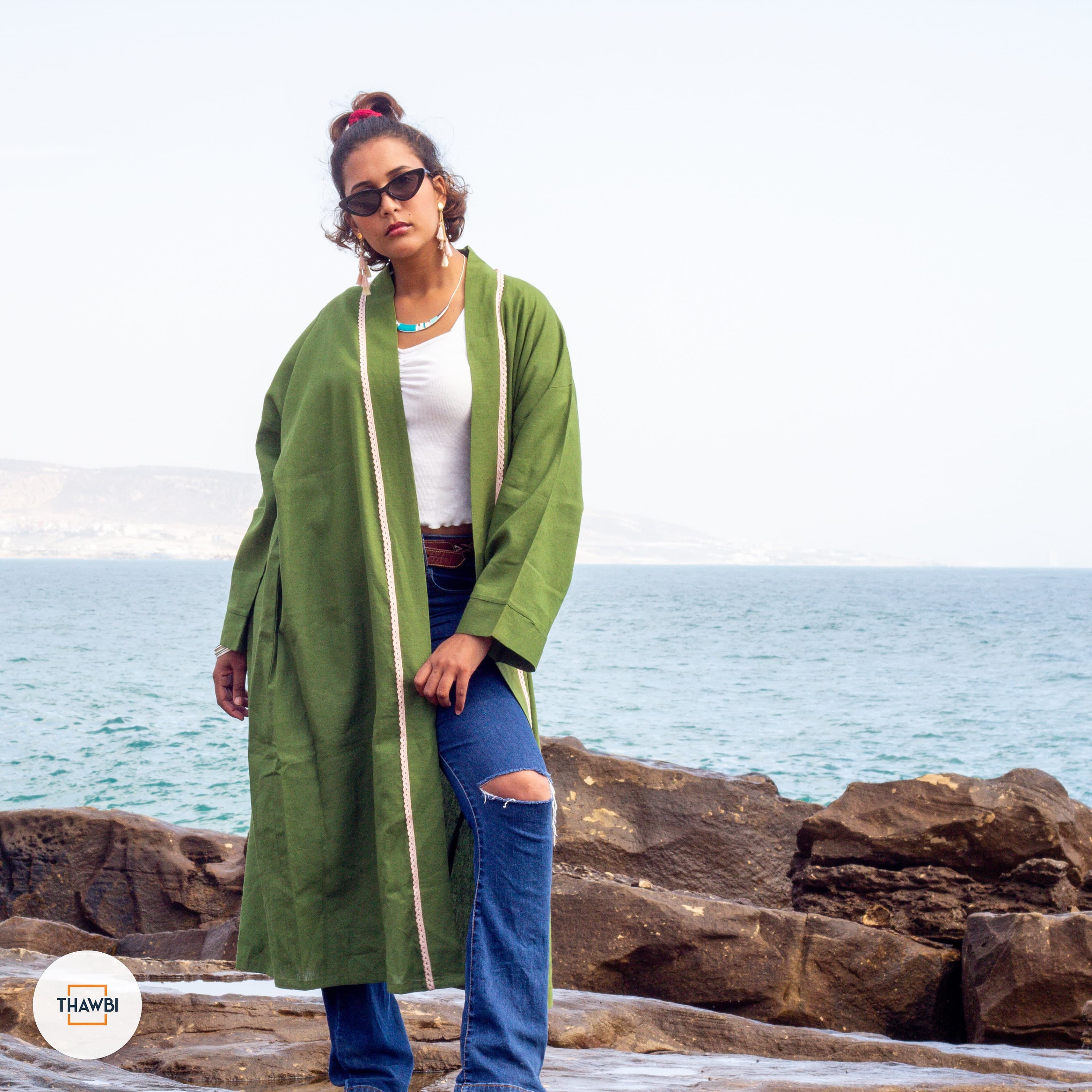 Green Linen Kimono Dress: Handmade Moroccan Crochet Trim - image 5