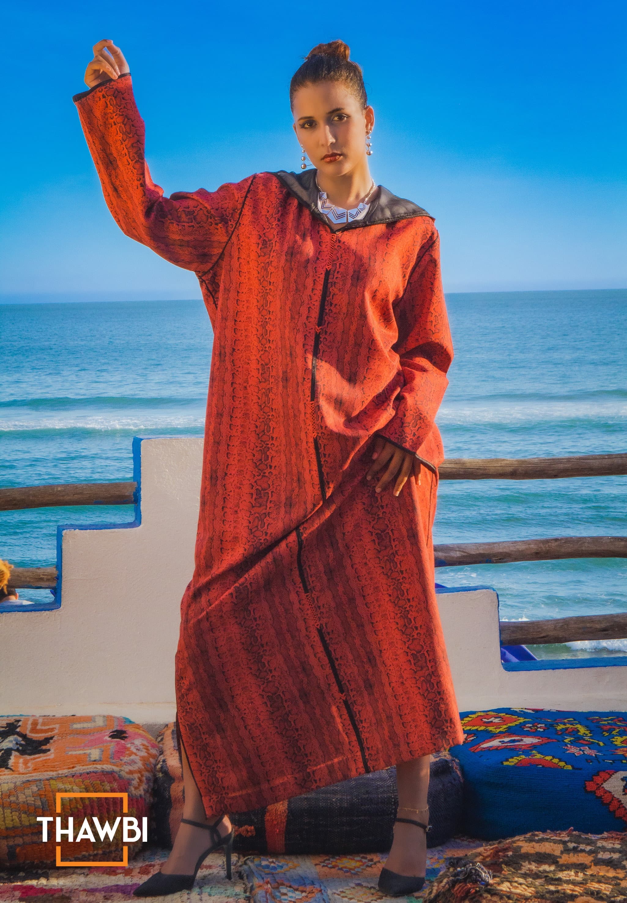 Handmade Moroccan Jellaba: Red Snake Print Caftan - image 4