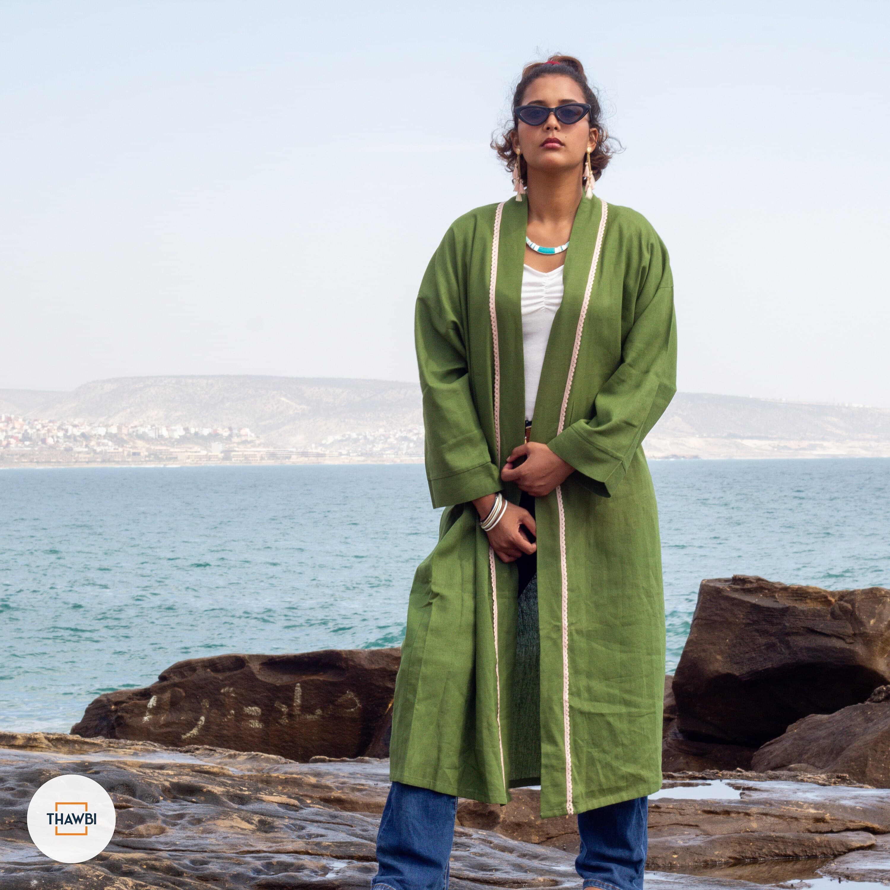 Green Linen Kimono Dress: Handmade Moroccan Crochet Trim - image 3