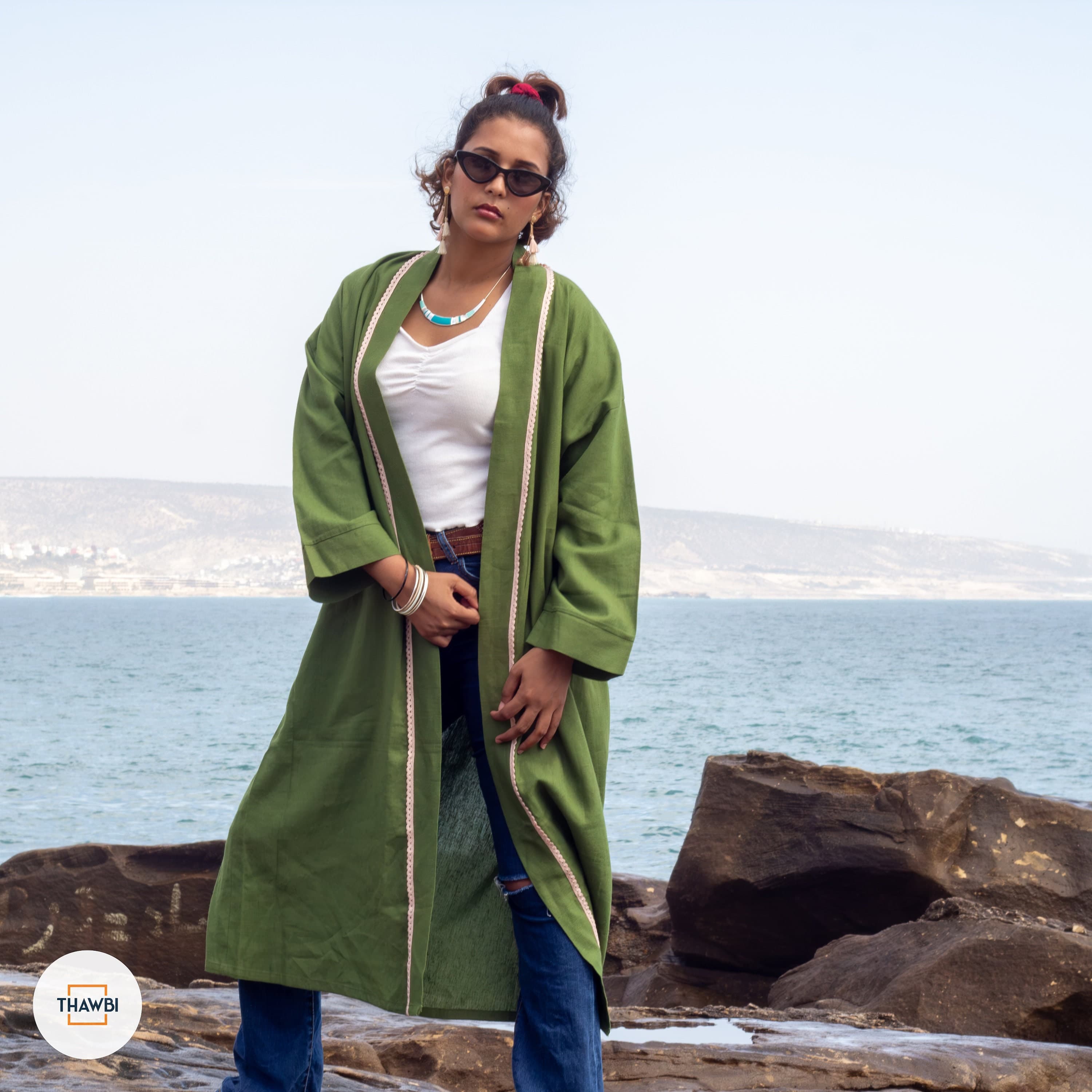 Green Linen Kimono Dress: Handmade Moroccan Crochet Trim - image 4