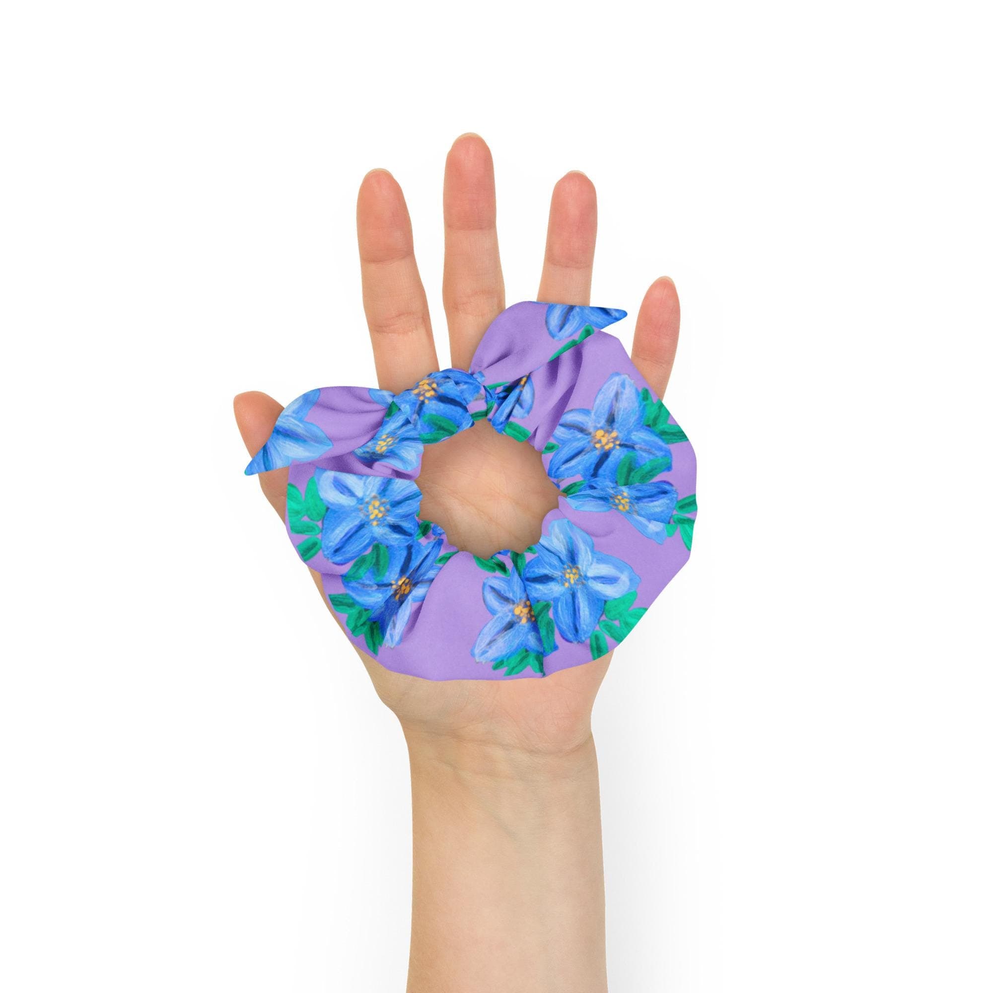 Purple Forget Me Not Scrunchie: Recycled Polyester Bow Ponytail Holder