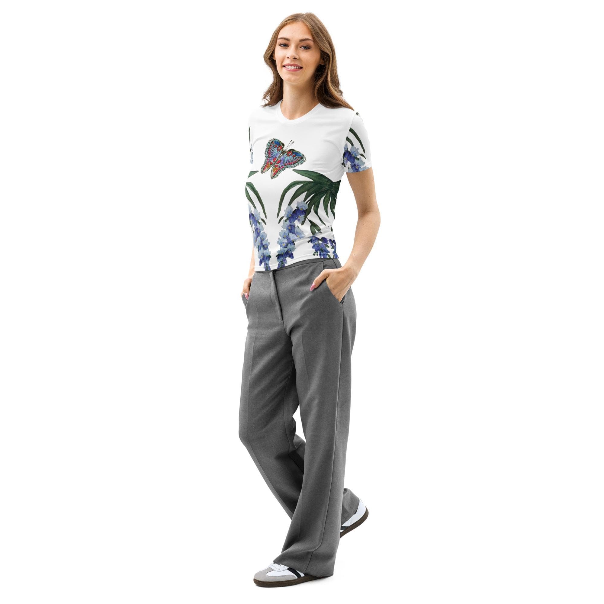 Wisteria with Monarch T-shirt, Moods Tshirt, Wild Flowers Shirt, Spring Vibes AOP Tshirt