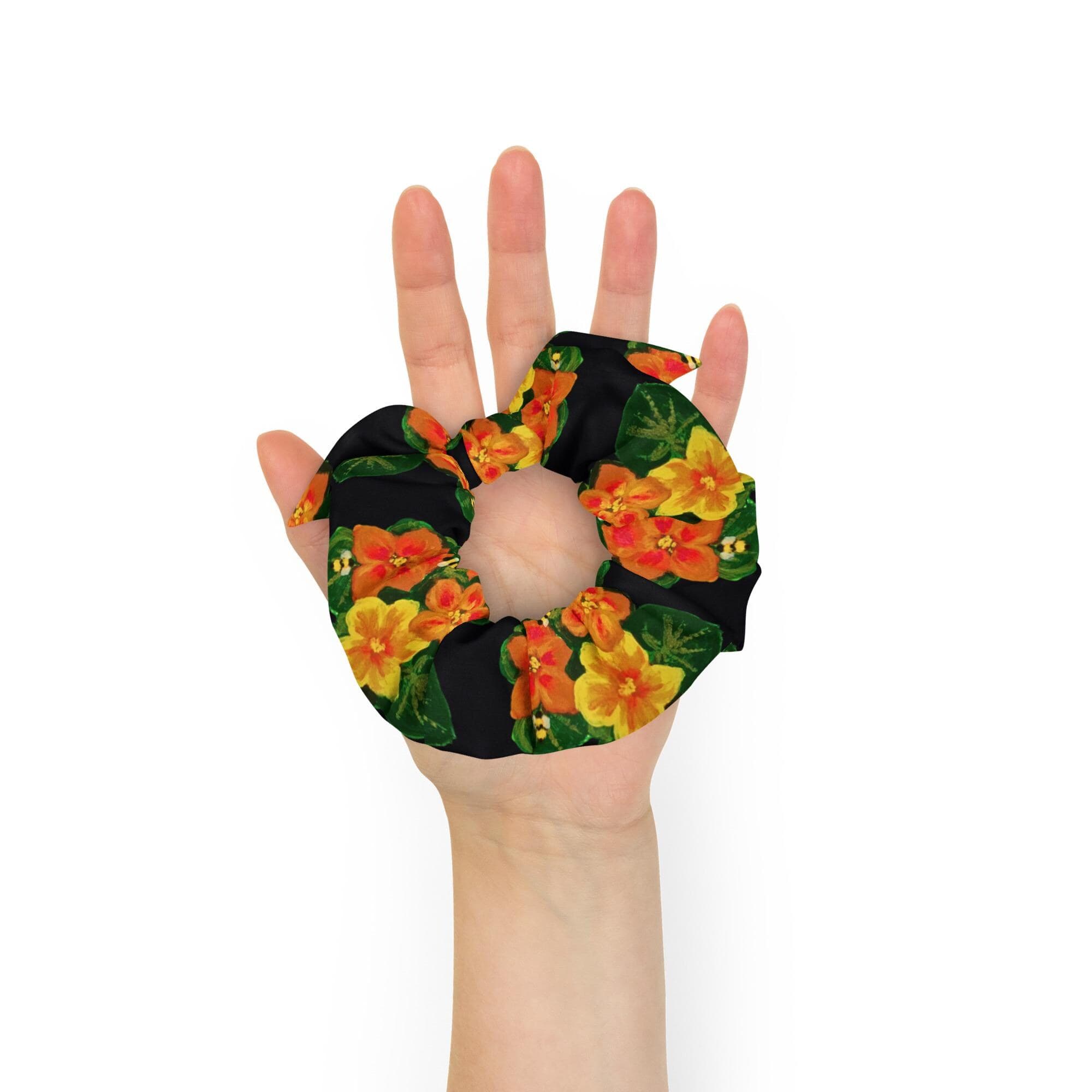 Bright Floral Orange Recycled Scrunchie, Girls Cute Ponytail Holder, Large Bow Hair Cuff