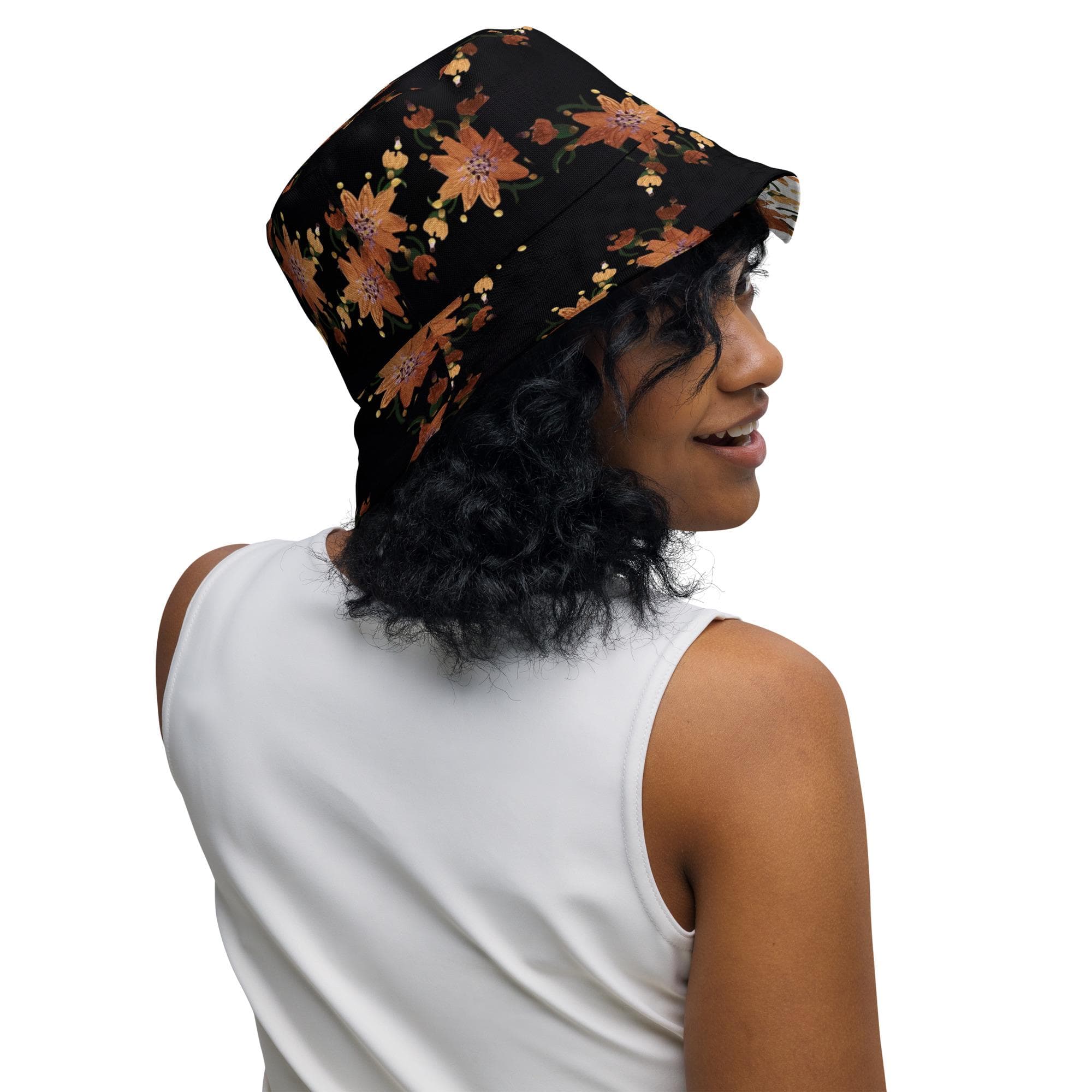 Shimmering Gold Flower Bucket Hat, Reversible Wide Brim Gardening Hat, Cool Ruffle Hiking Hat