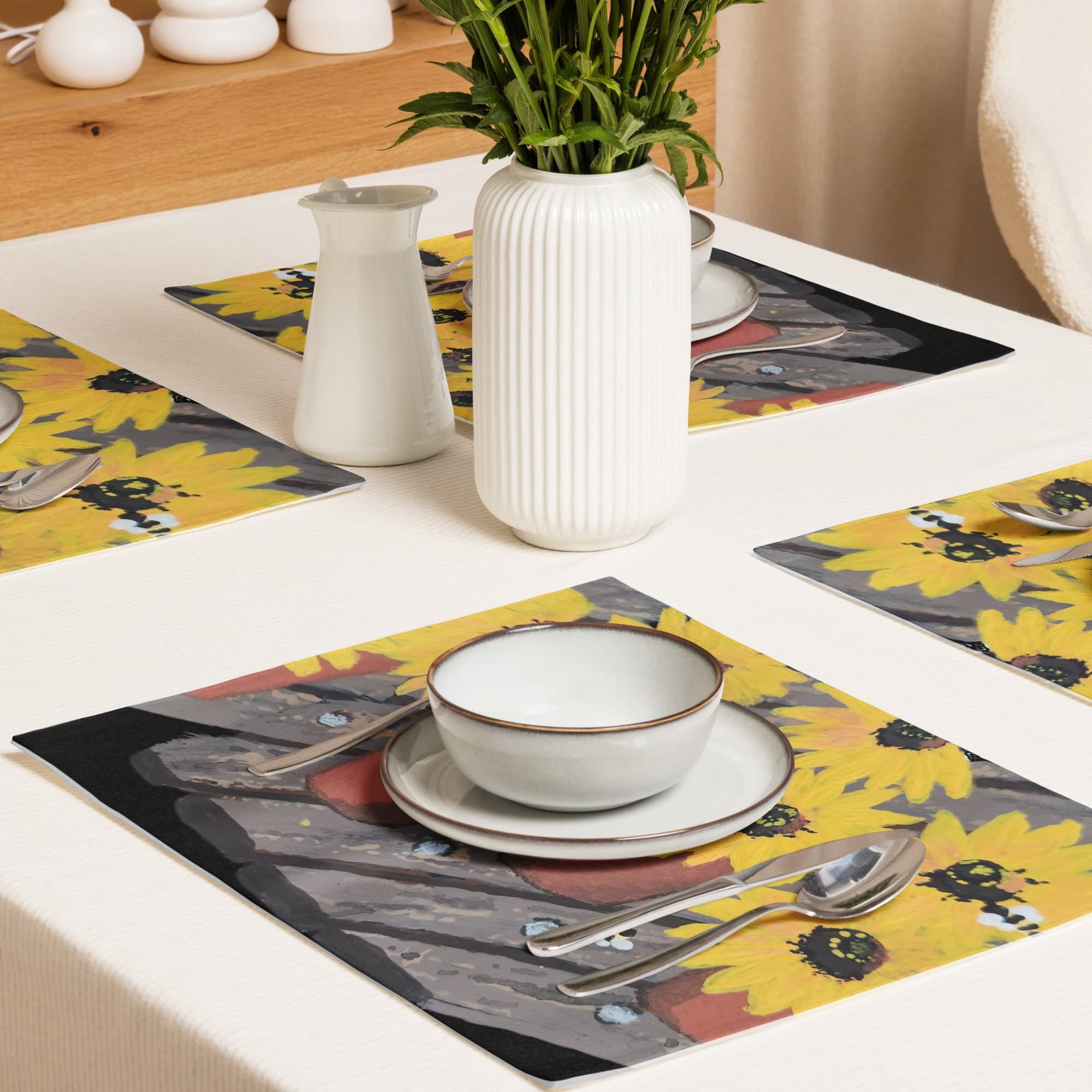Black Eyed Susan Floral Placemat Set of 4, Modern Dinner Placemats, Water Resistant Activity Placemats, Fun Coloring Placemats