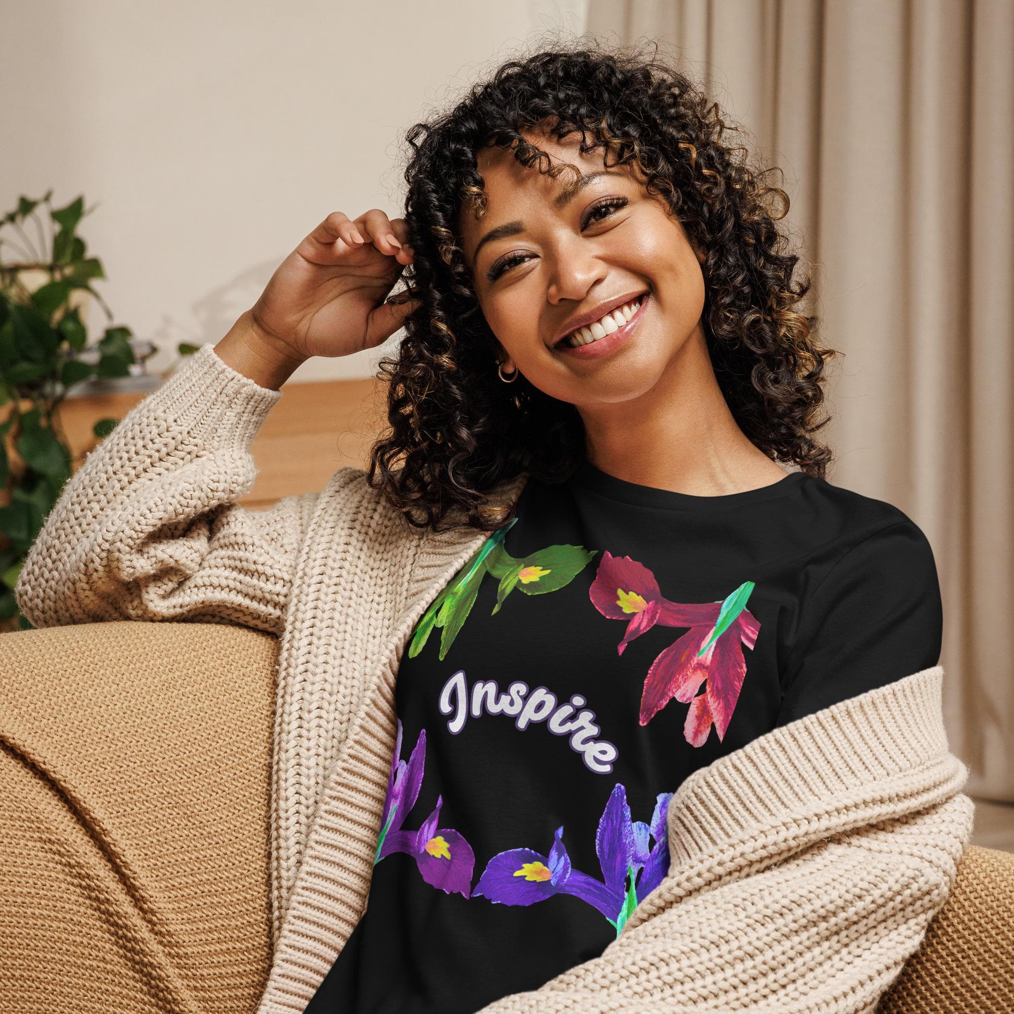 Inspired Iris Women's Relaxed T-Shirt, Casual Tops, Floral Inspiration, Cotton T-shirt