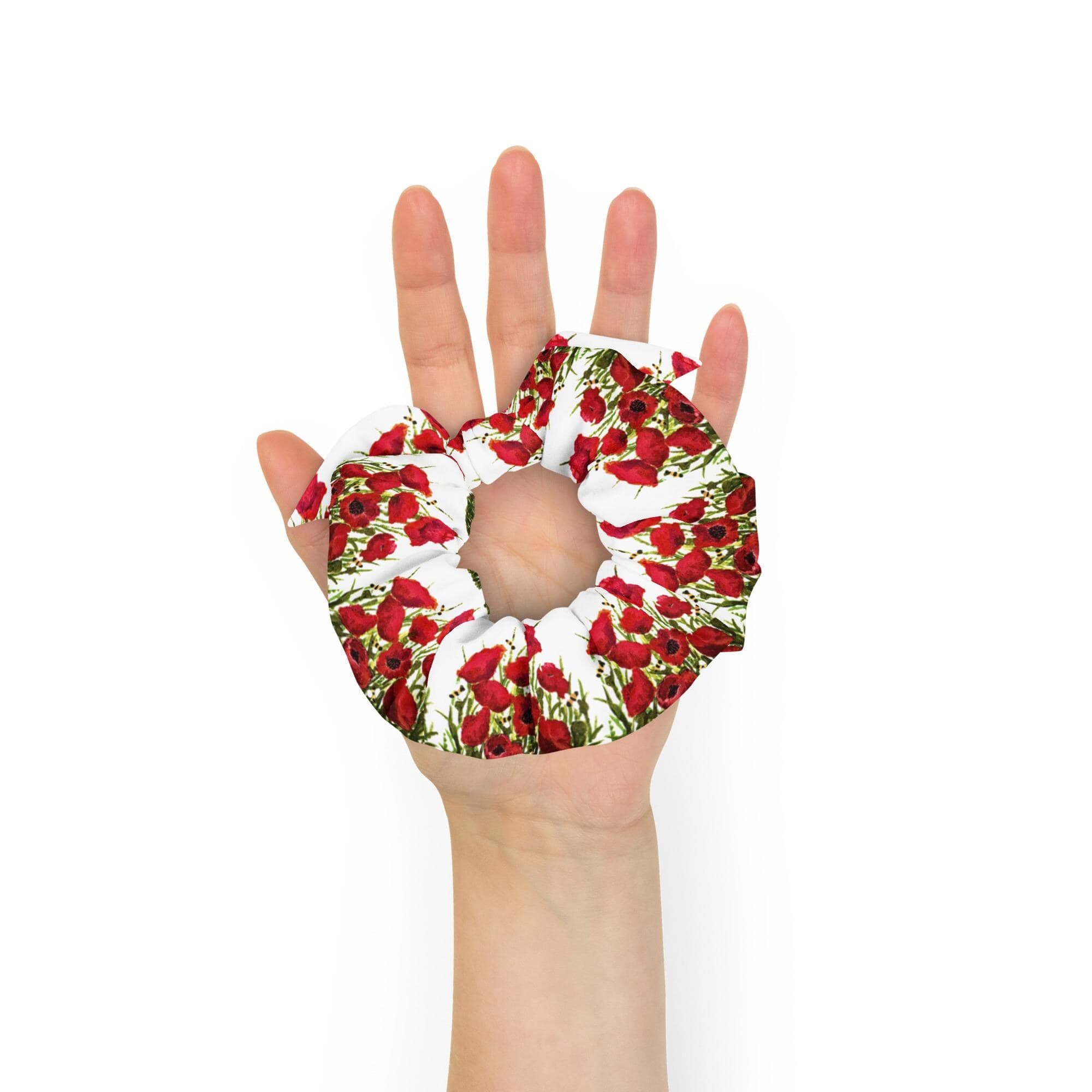Red Poppies Recycled Scrunchie, Cute Bow Ponytail Wrap, Girls Oversized Hair Cuff